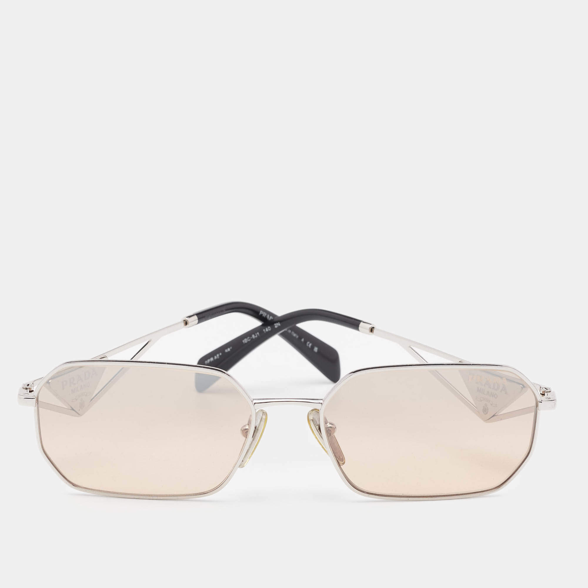 Prada Brown/Silver Tone SPR A51 Logo Rectangular Sunglasses