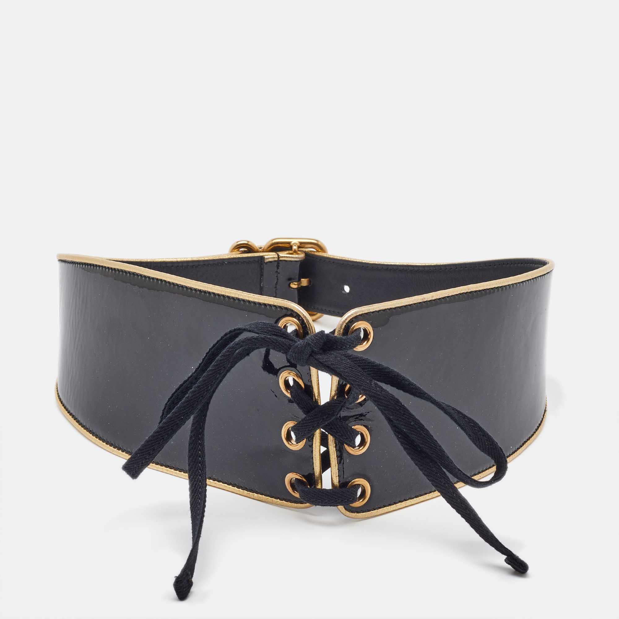Prada Black Patent Leather Corset Waist Belt 80CM