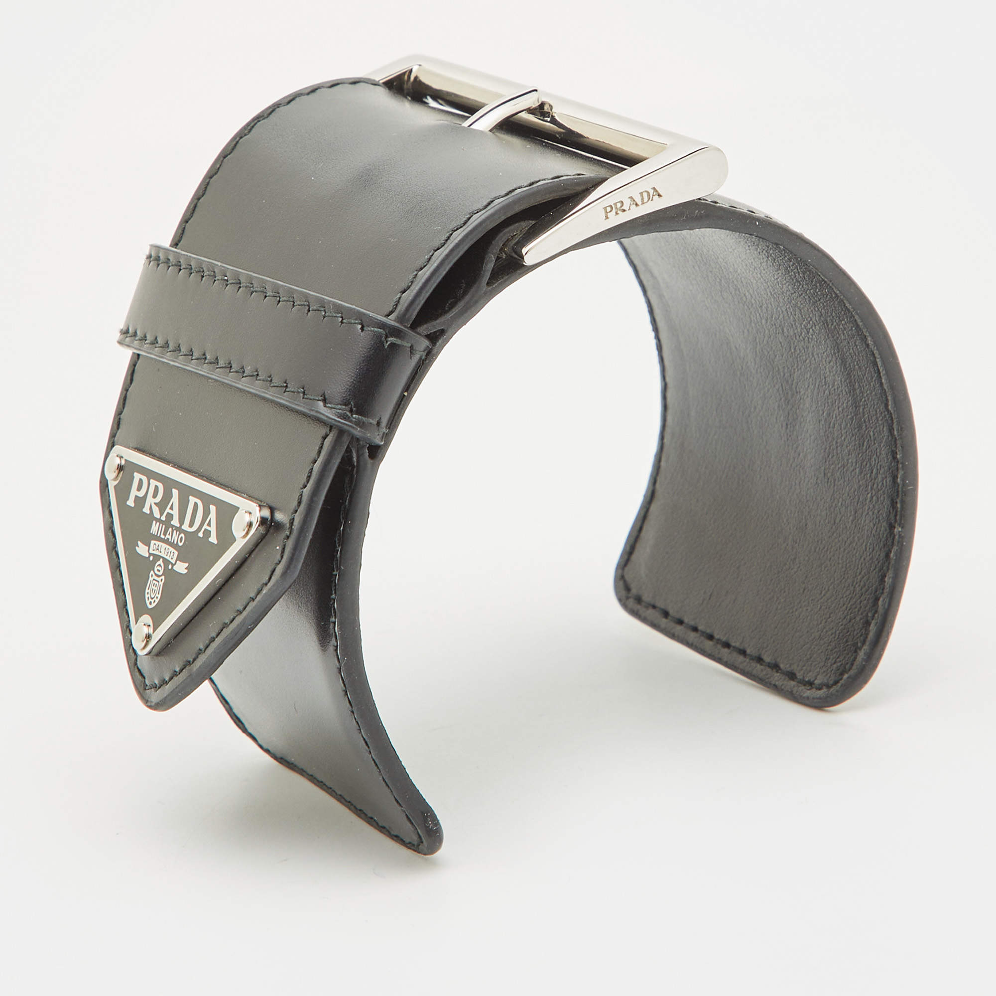 Prada Triangle Black Leather Silver Tone Wide Open Cuff
