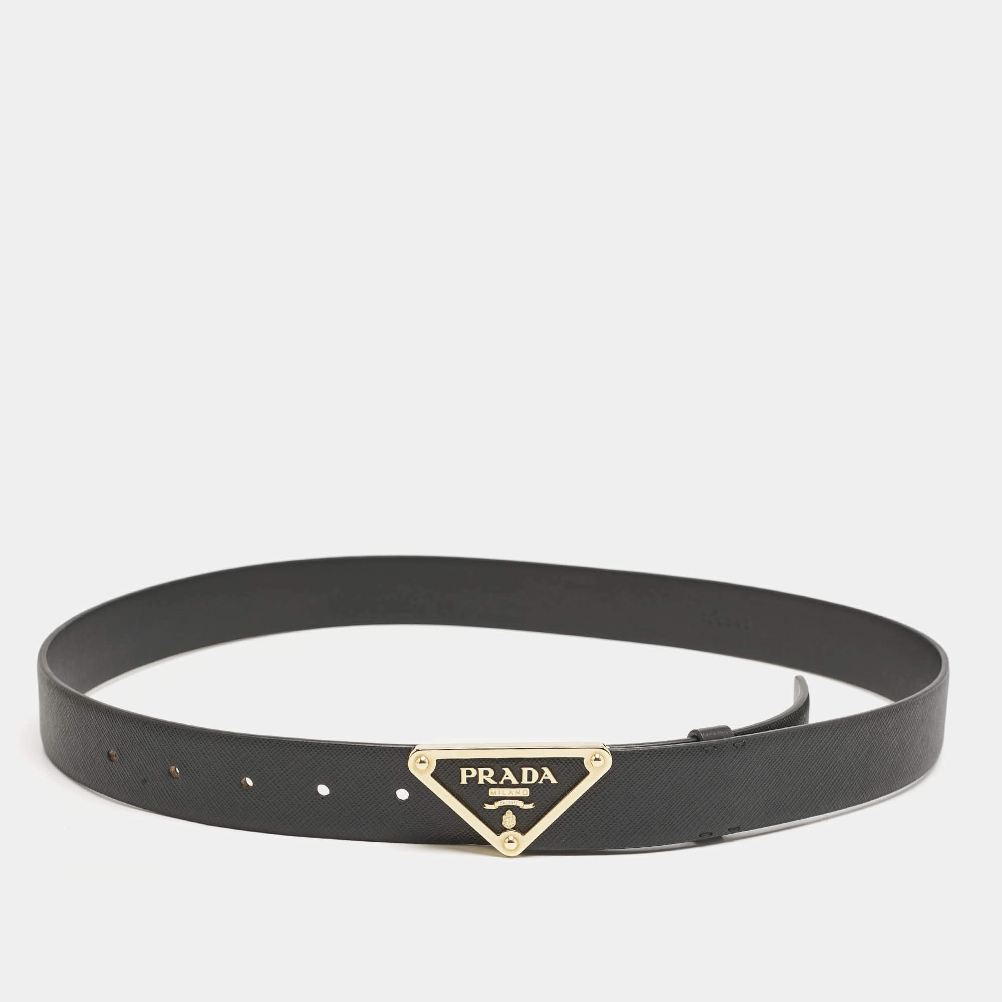 Prada Black Saffiano Leather Triangle Buckle Belt 90 CM