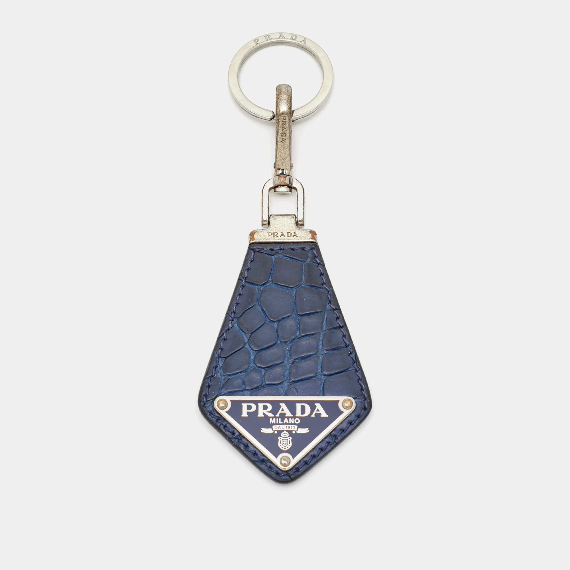 Prada Blue Crocodile Triangle Logo Key Chain