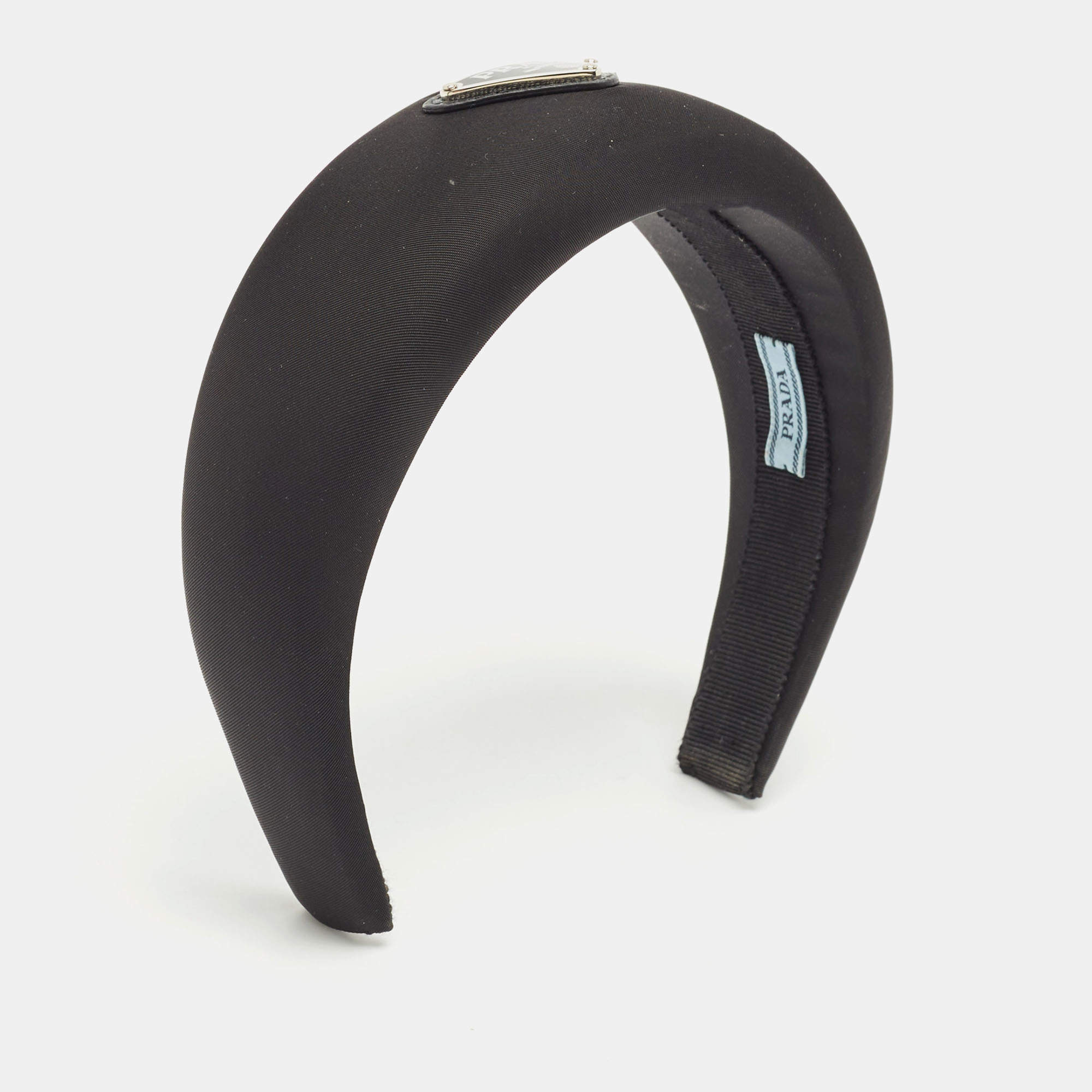 Prada Black Satin Triangle Logo Wide Headband 