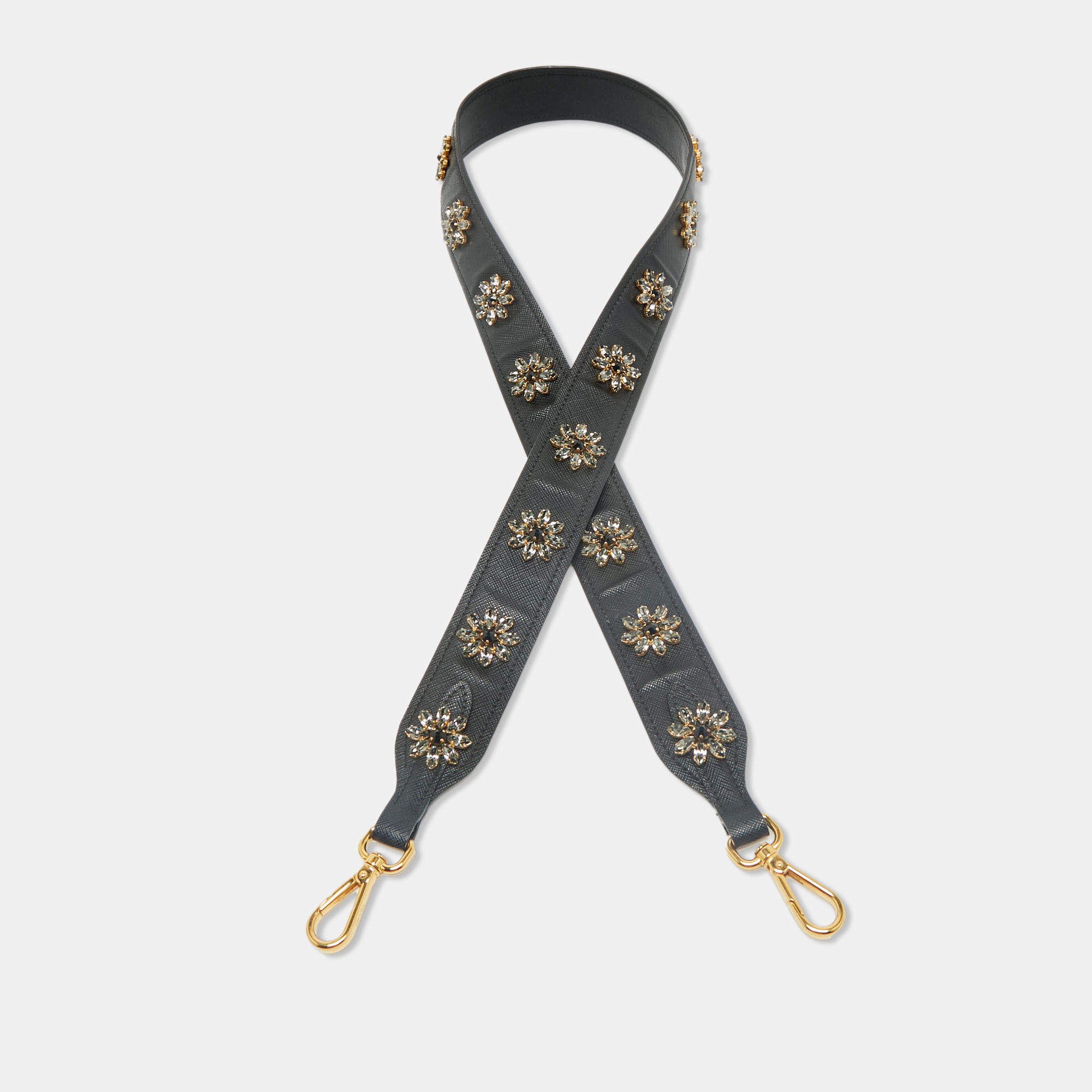 Prada Black Leather Floral Crystals Embellished Shoulder Bag Strap