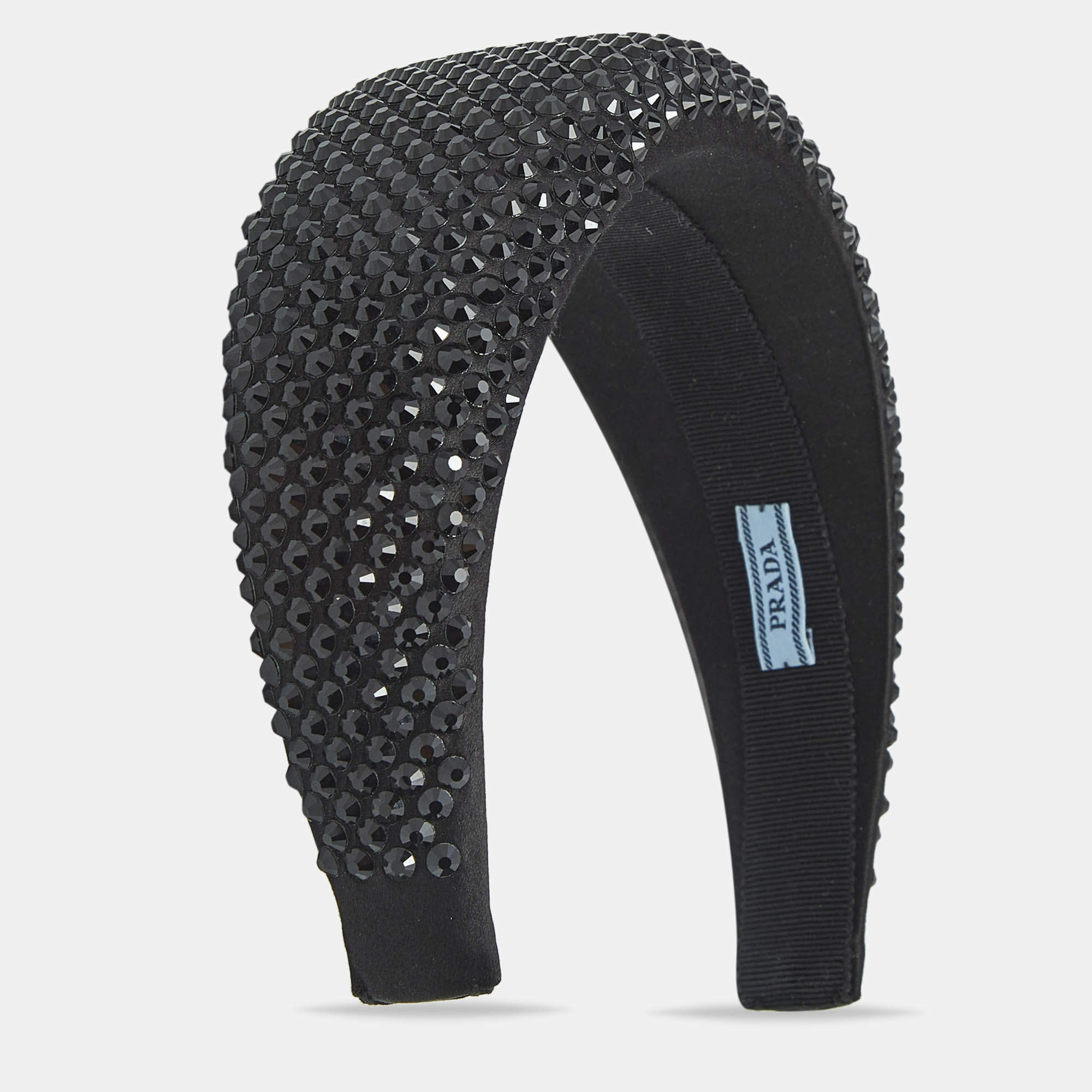 Pre Owned Prada Black Crystal Embellished Satin Wide Headband