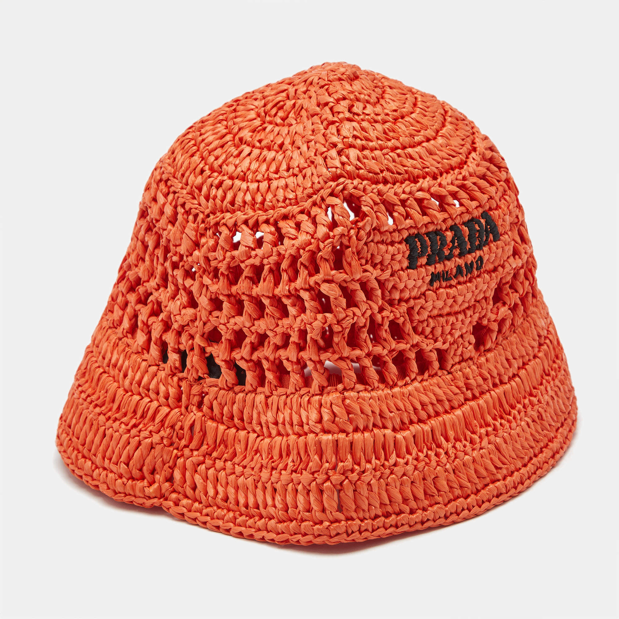 Pre Owned Prada Orange Logo Crochet Raffia Bucket Hat