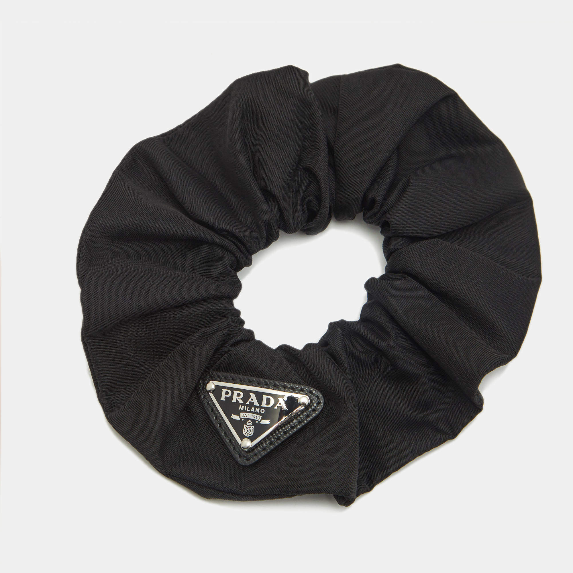 Pre Owned Prada Black Nylon Logo Plaque  Hair Scrunchie