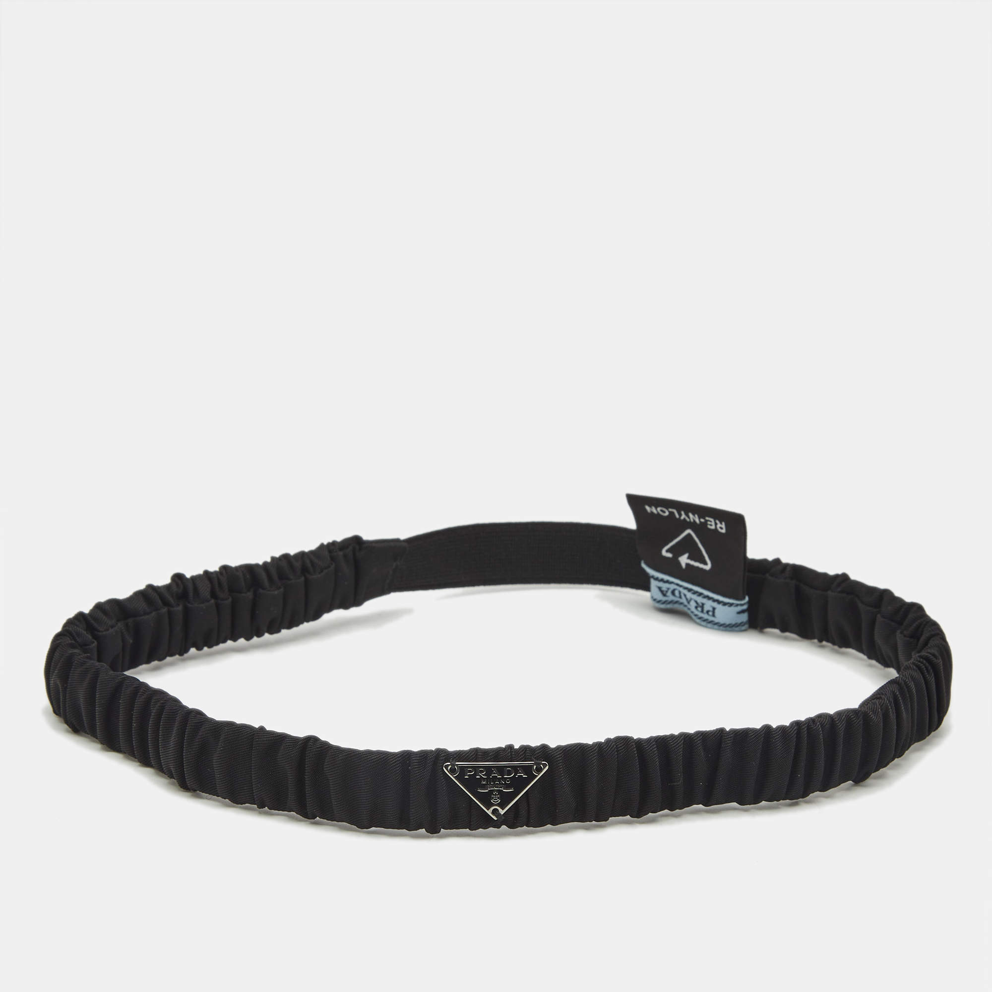 Pre Owned Prada Black Re-Nylon Logo Plaque Elastic Headband