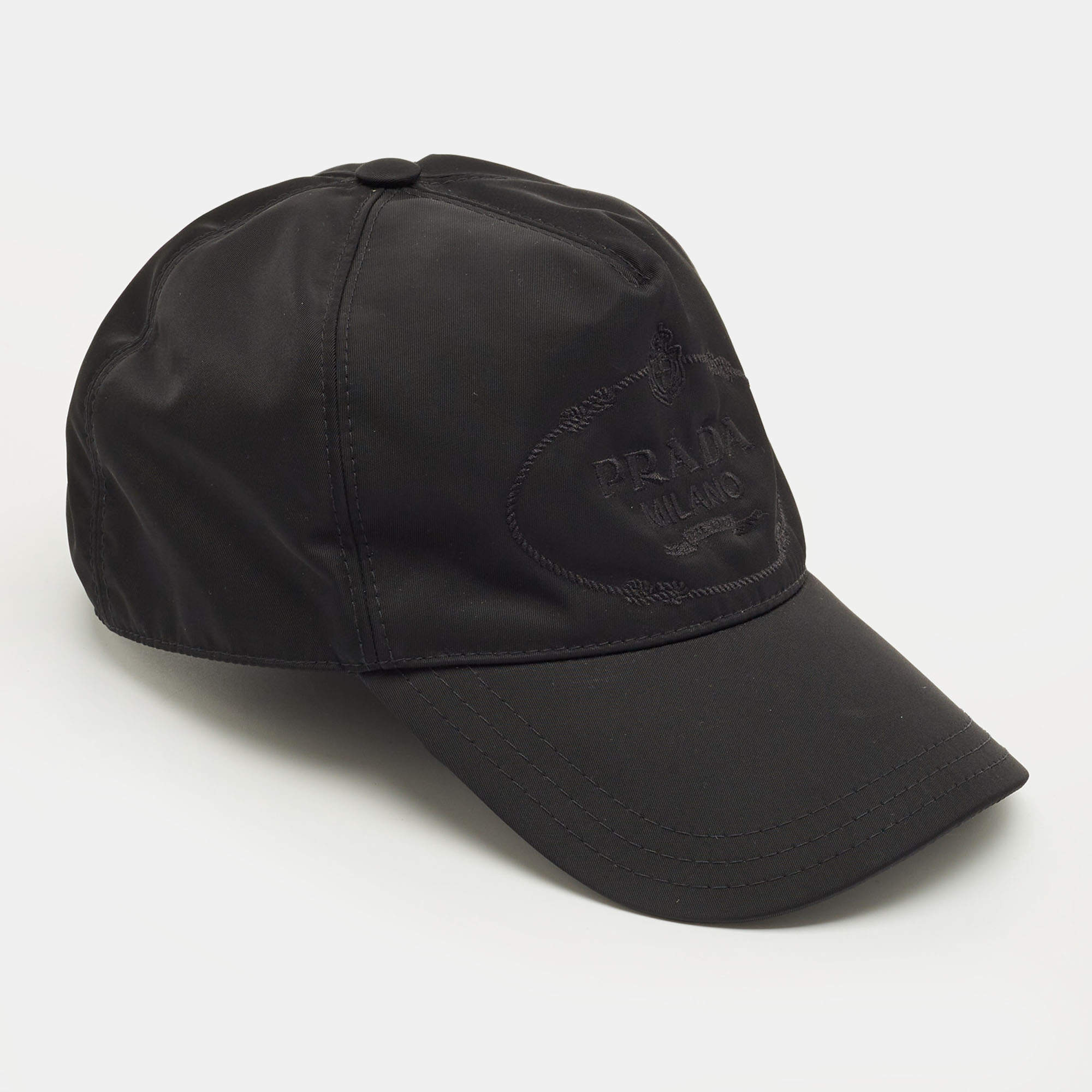 Pre Owned Prada Black Logo Embroidered Re-Nylon Baseball Cap M