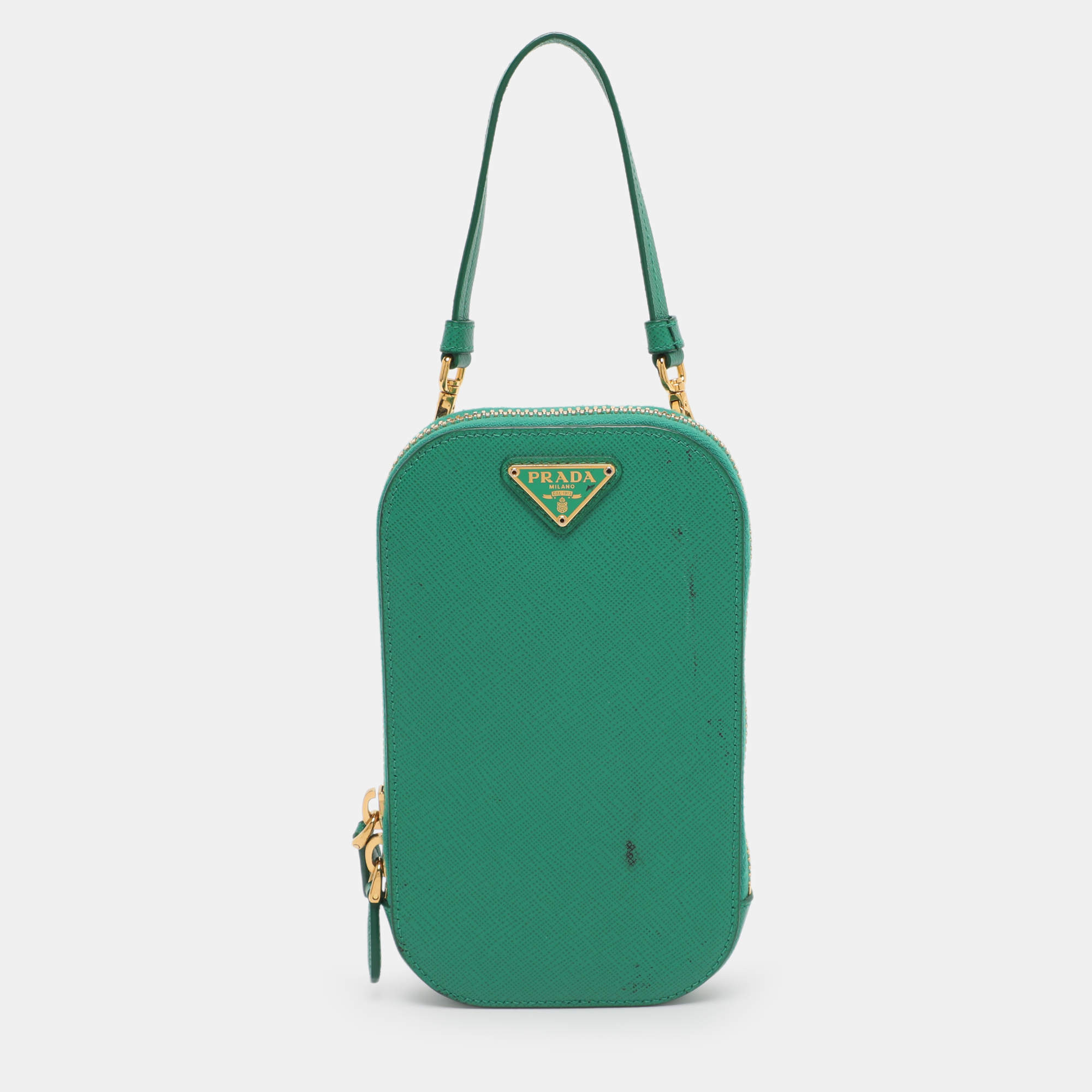 Pre Owned Prada Green Saffiano Lux Leather Phone Crossbody Bag