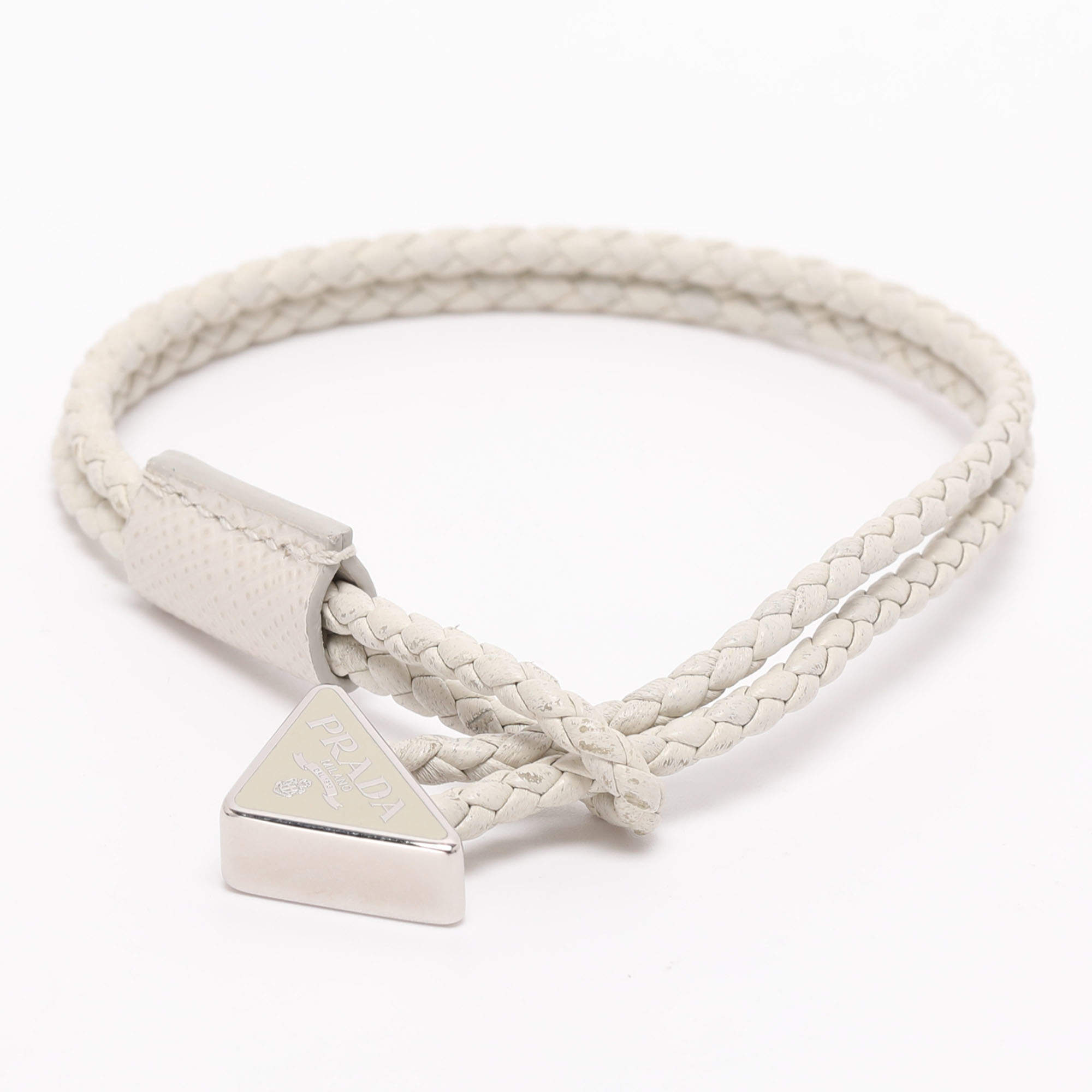 Pre Owned Prada Off-White Braided Leather Triangle Charm Bracelet