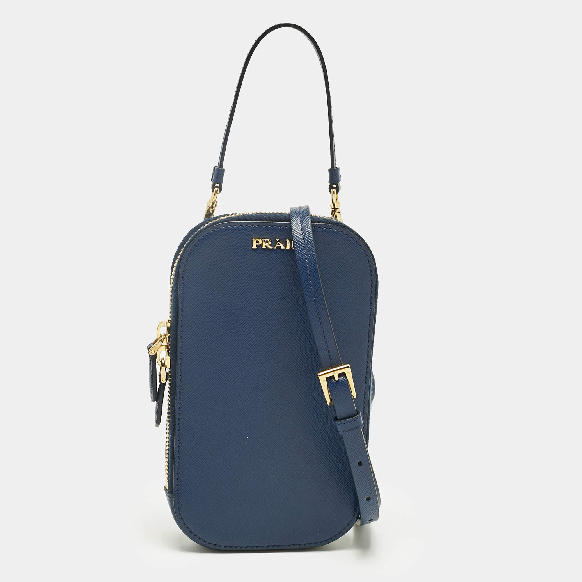 Pre Owned Prada Navy Blue Saffiano Lux Leather Phone Crossbody Bag