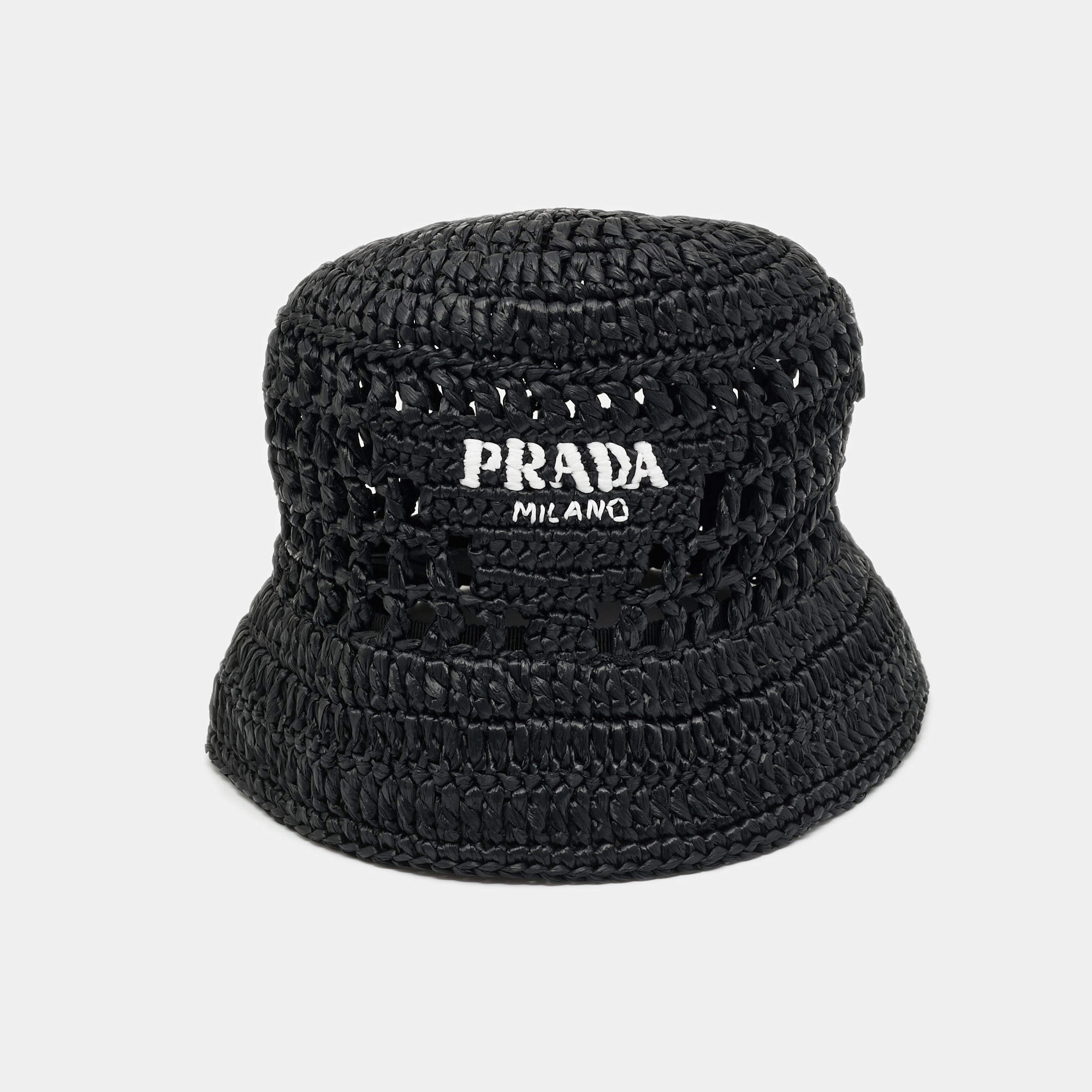 مملوكة مسبقًا Prada Black Logo Crochet Raffia Bucket Hat M