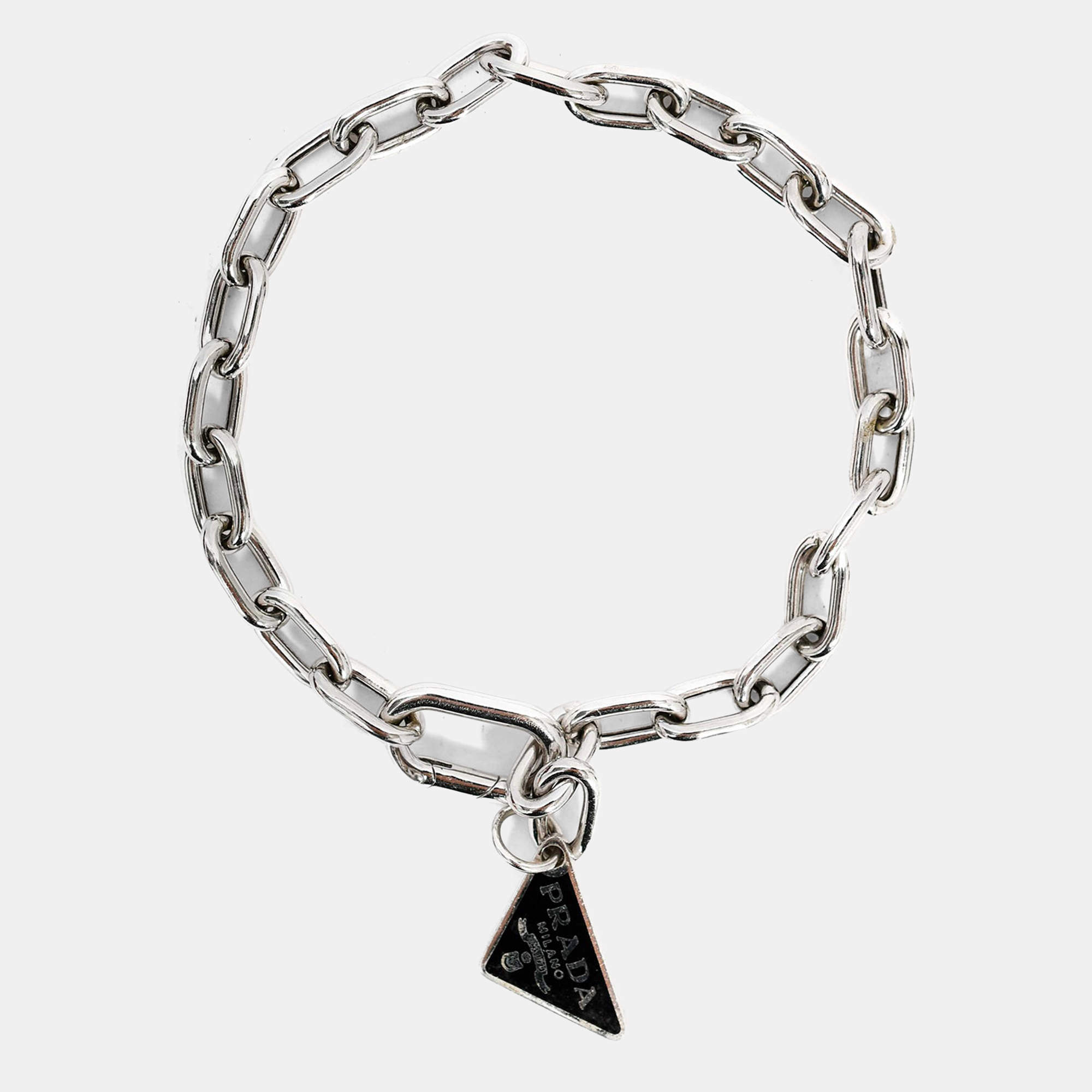 Pre Owned Prada Silver Tone Triangle Logo Charm Bracelet