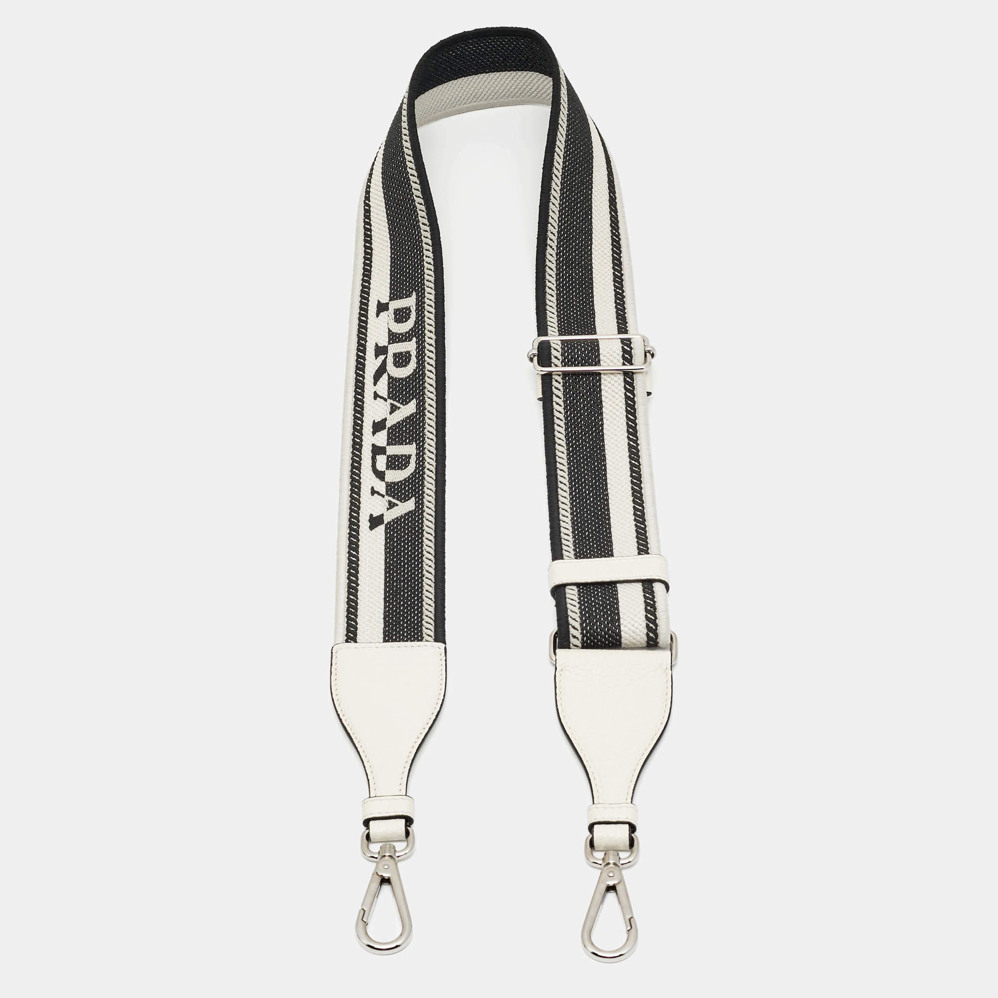 Pre Owned حزام حقيبة برادا مخطط كتف قماش وجلد أسود/أبيض