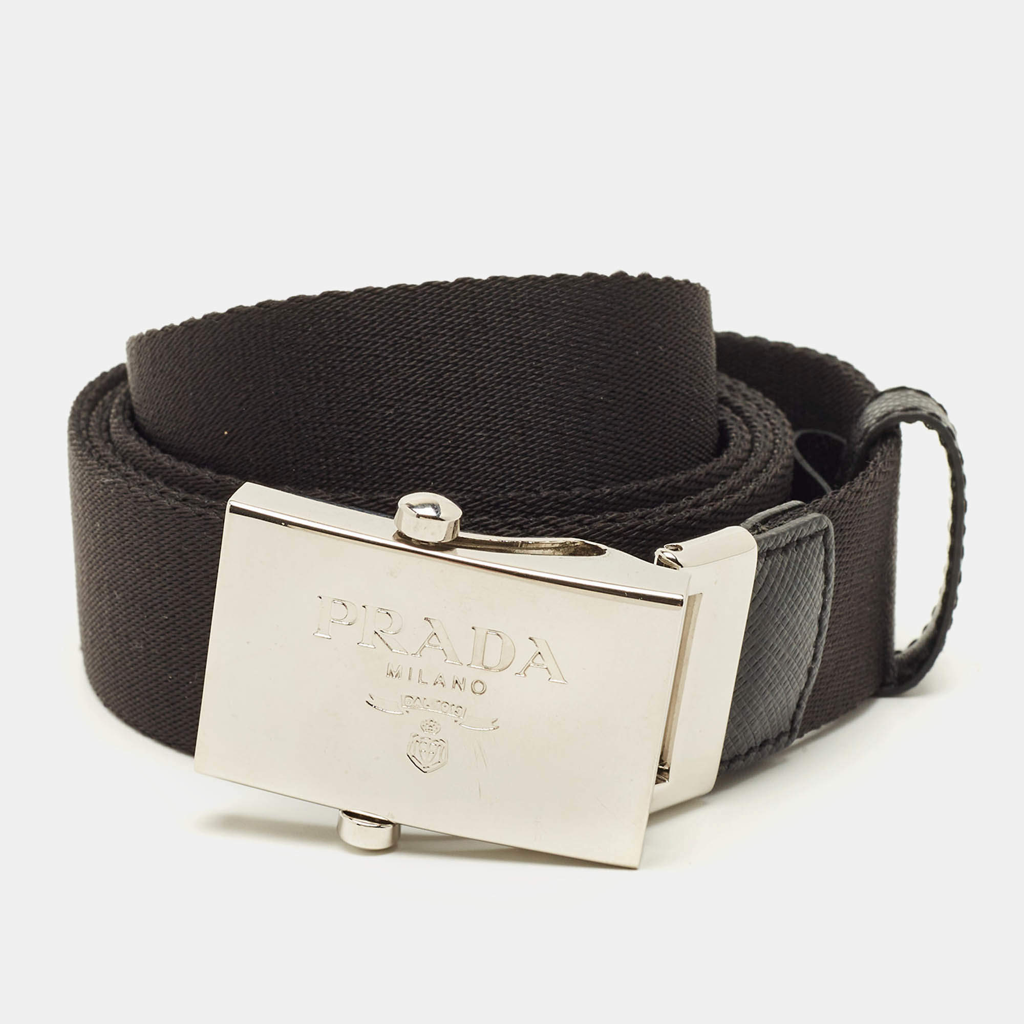 Pre Owned Prada Logo Plague Belt Black Fabric