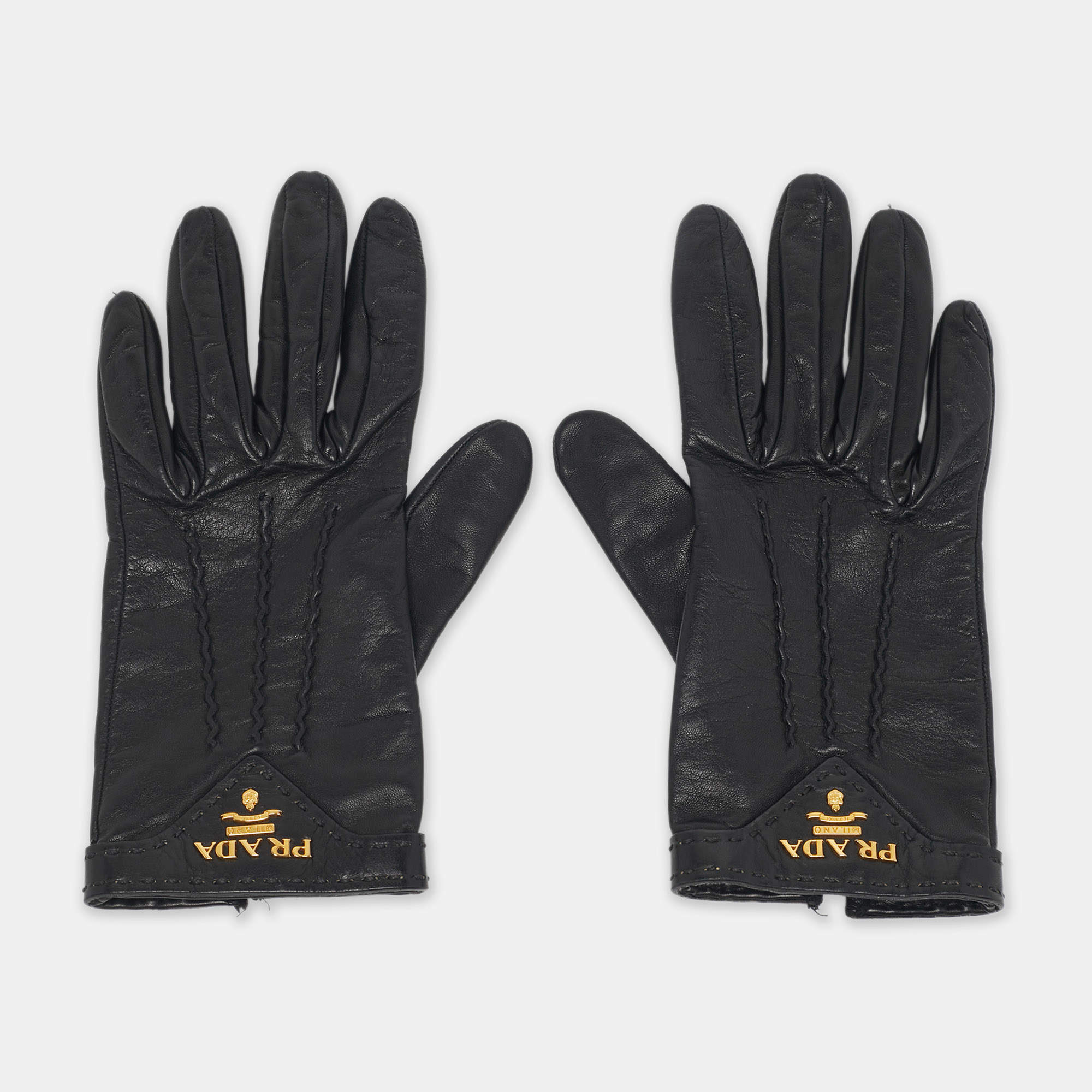 Pre Owned Prada Size 6.5 Gloves Black Leather 