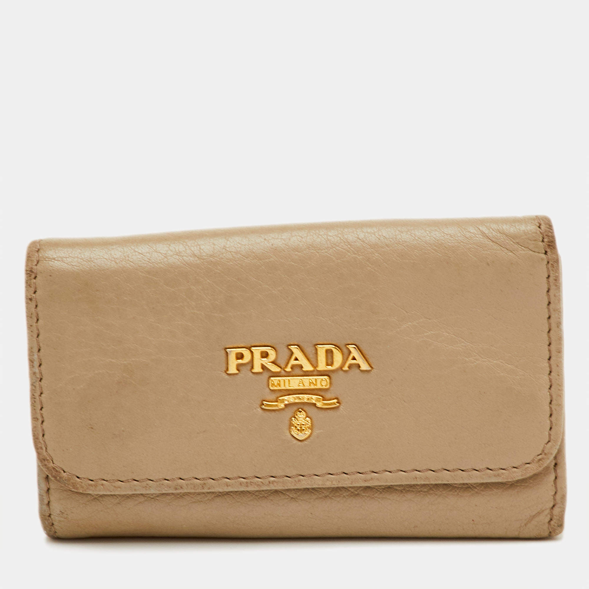 Pre Owned Prada Key Case Beige Leather 6 Hooks Key Holder