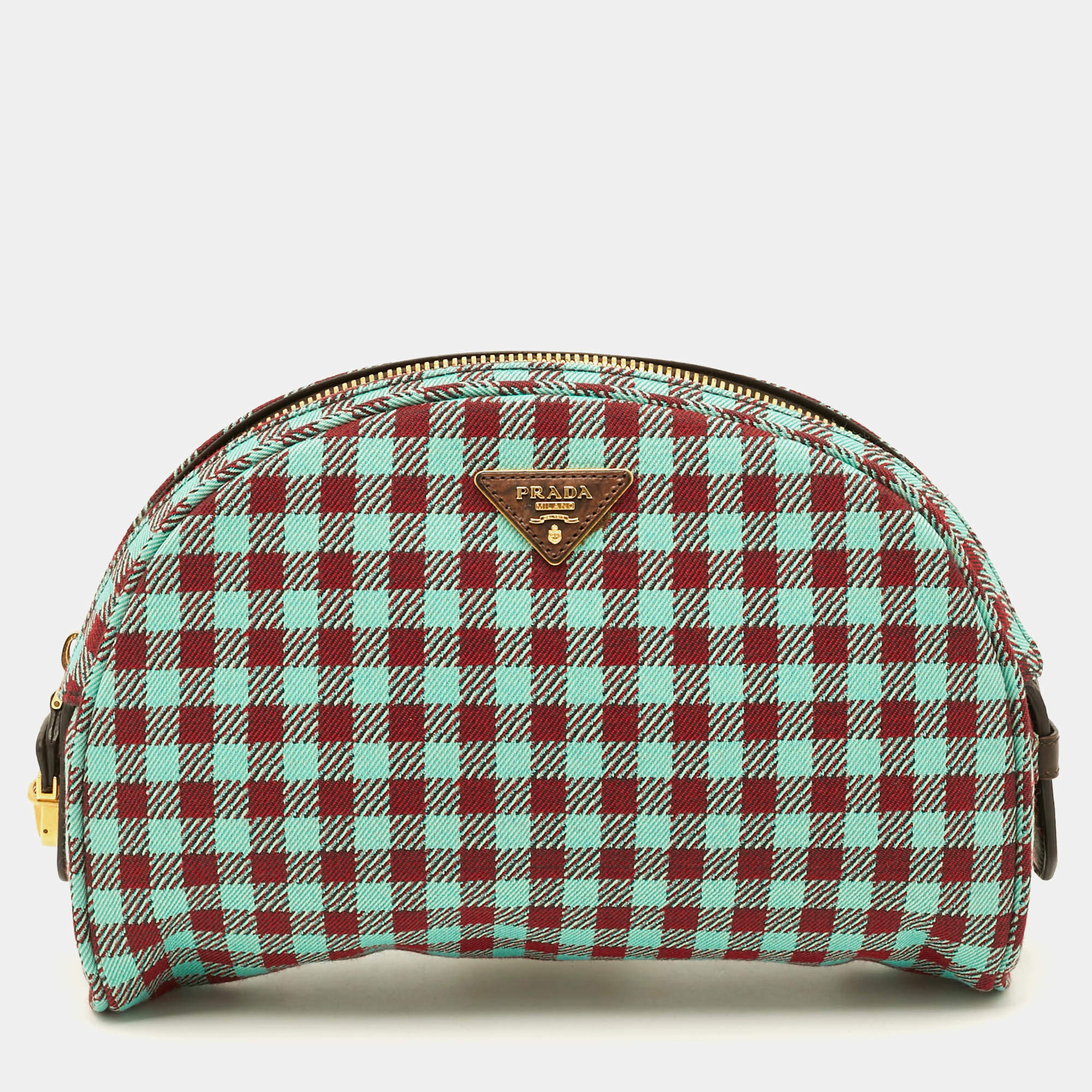Pre Owned Prada Green/Red Gingham Check Jacquard Vichy Fabric Cosmetic Pouch