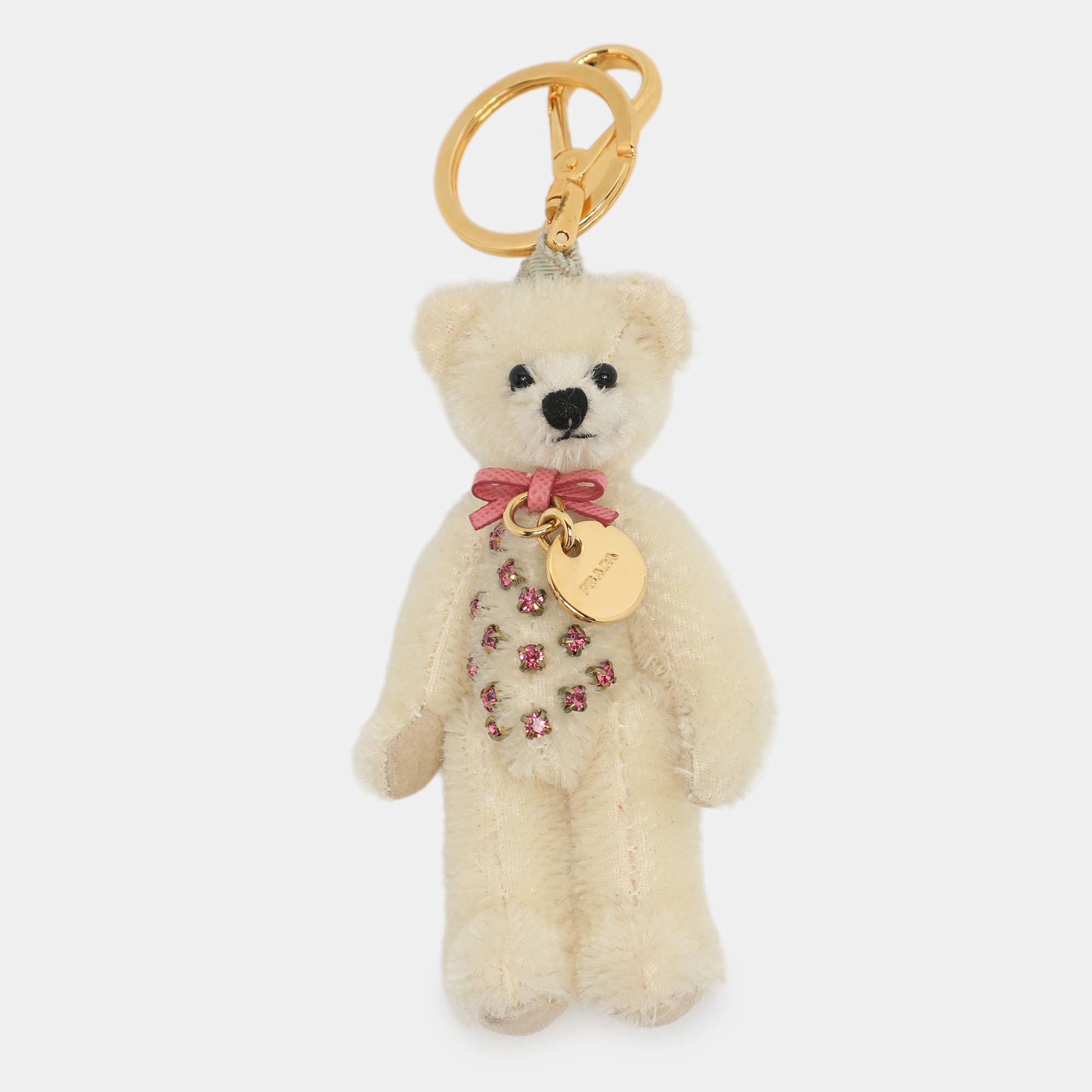 مملوكة مسبقًا Prada Cream Nylon Crystal Embellished Teddy Bear Bag Charm