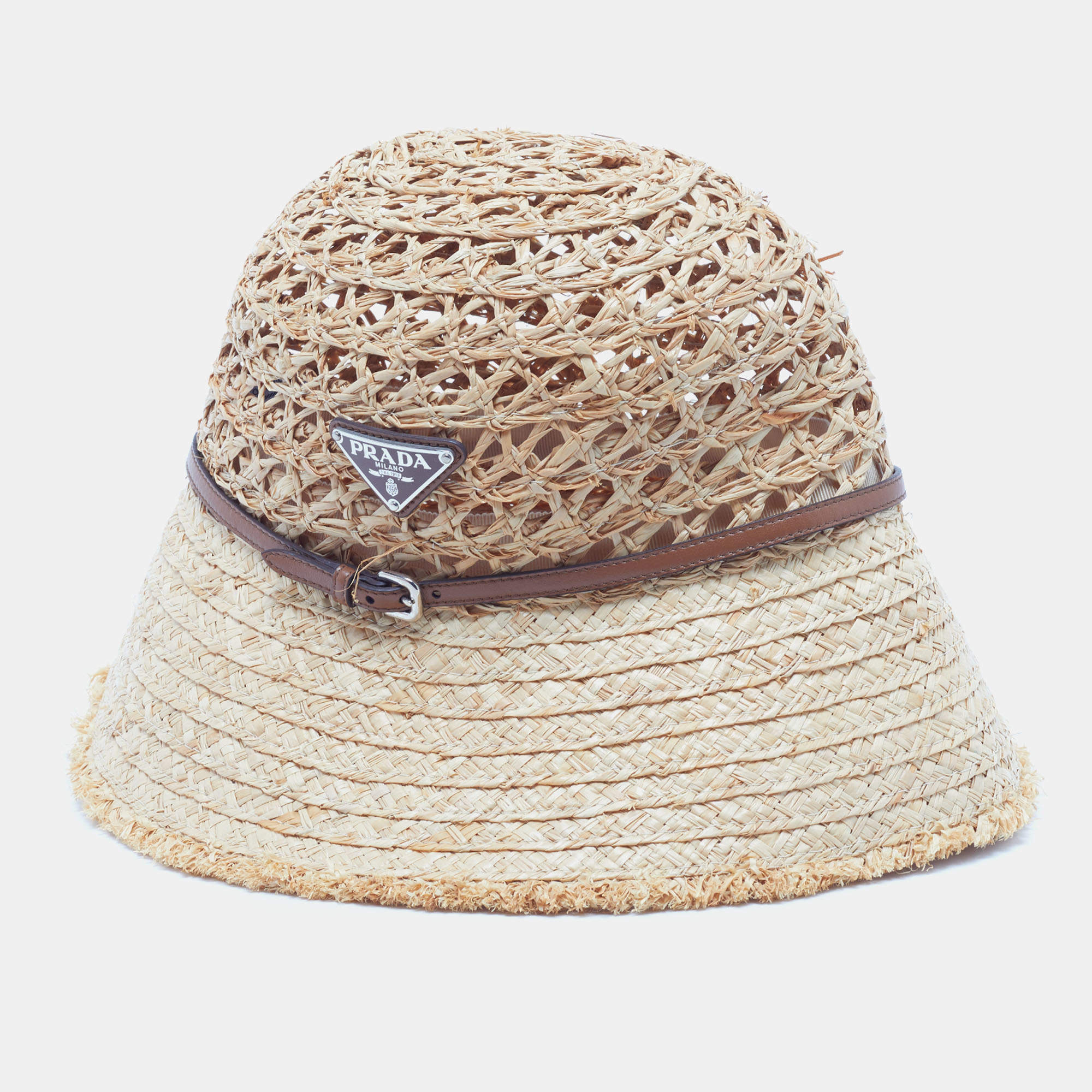 Pre Owned Prada Brown Straw and Leather Enamel Logo Bucket Hat Size 56