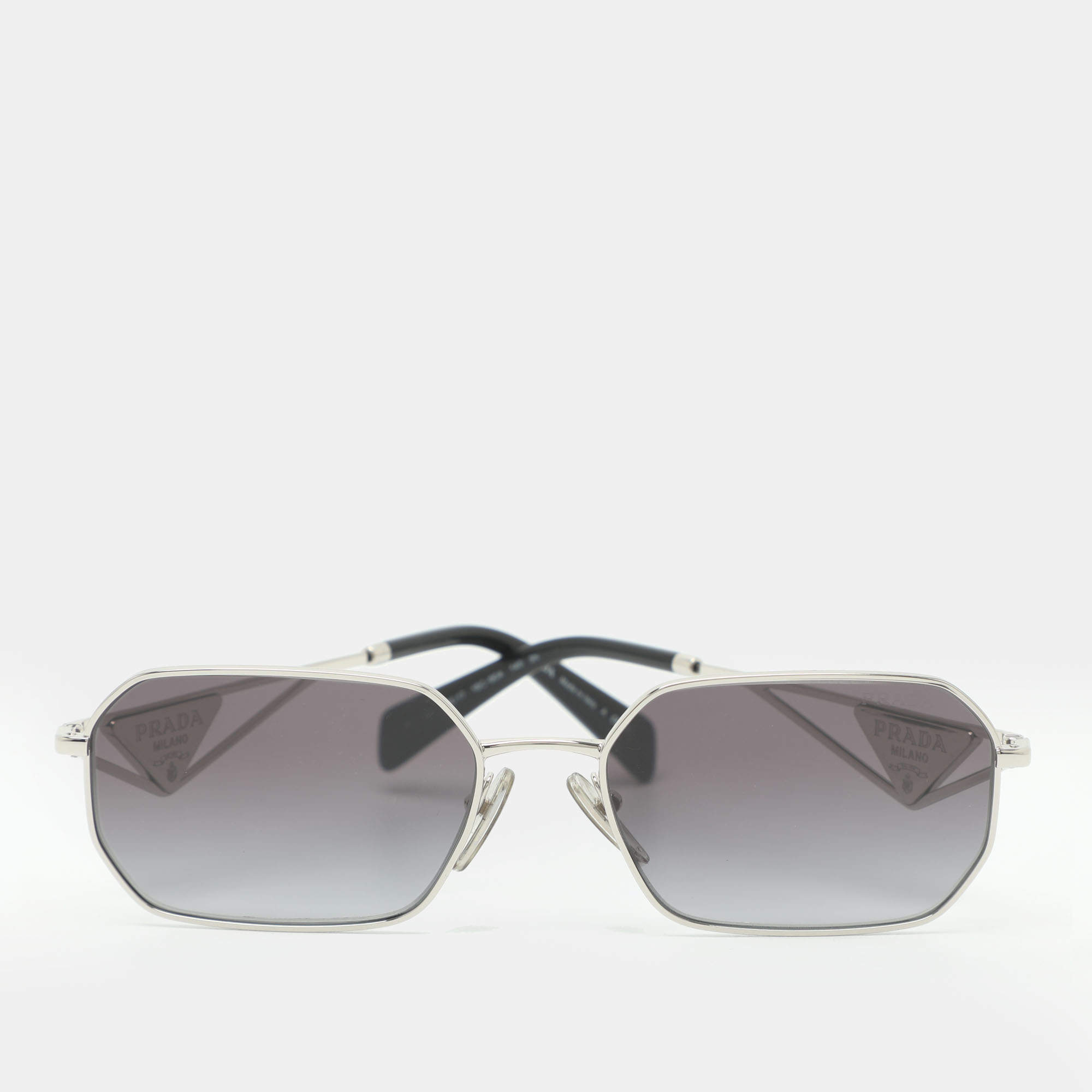 Pre Owned Prada Black Silver Tone Metal Geometric Frame Sunglasses 