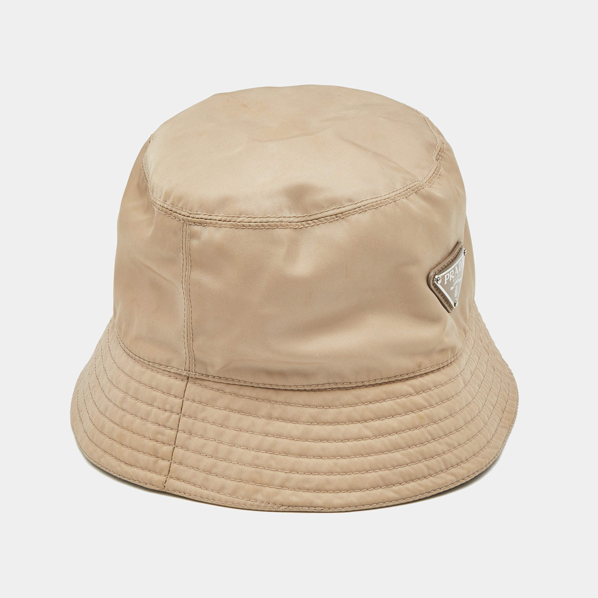 Pre Owned Prada Beige Re-Nylon Triangle Logo Bucket Hat M