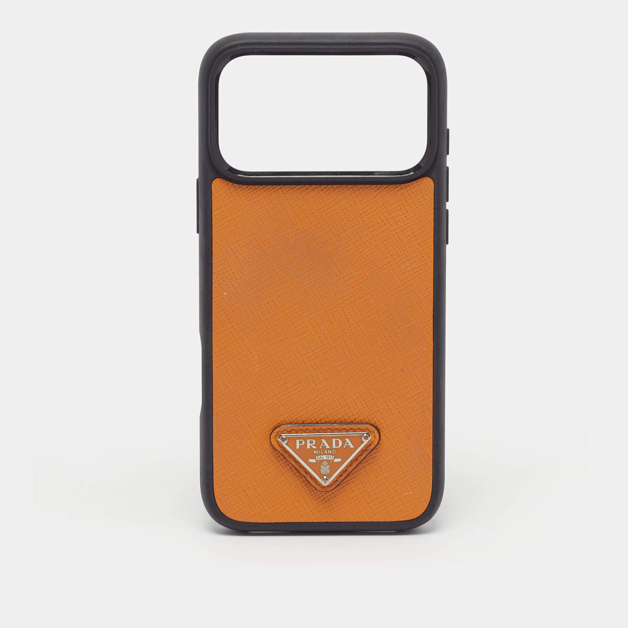 مملوكة مسبقًا Prada Triangle Logo iPhone 17 Pro Max Cover Orange/Black Saffiano Leather and Rubber