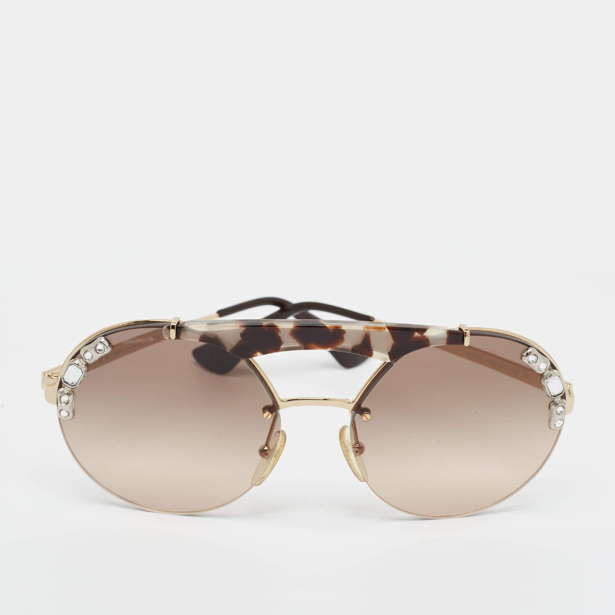 Pre Owned  Prada Brown Gradient SPR 52U Ornate Crystal Embellished Round Sunglasses 