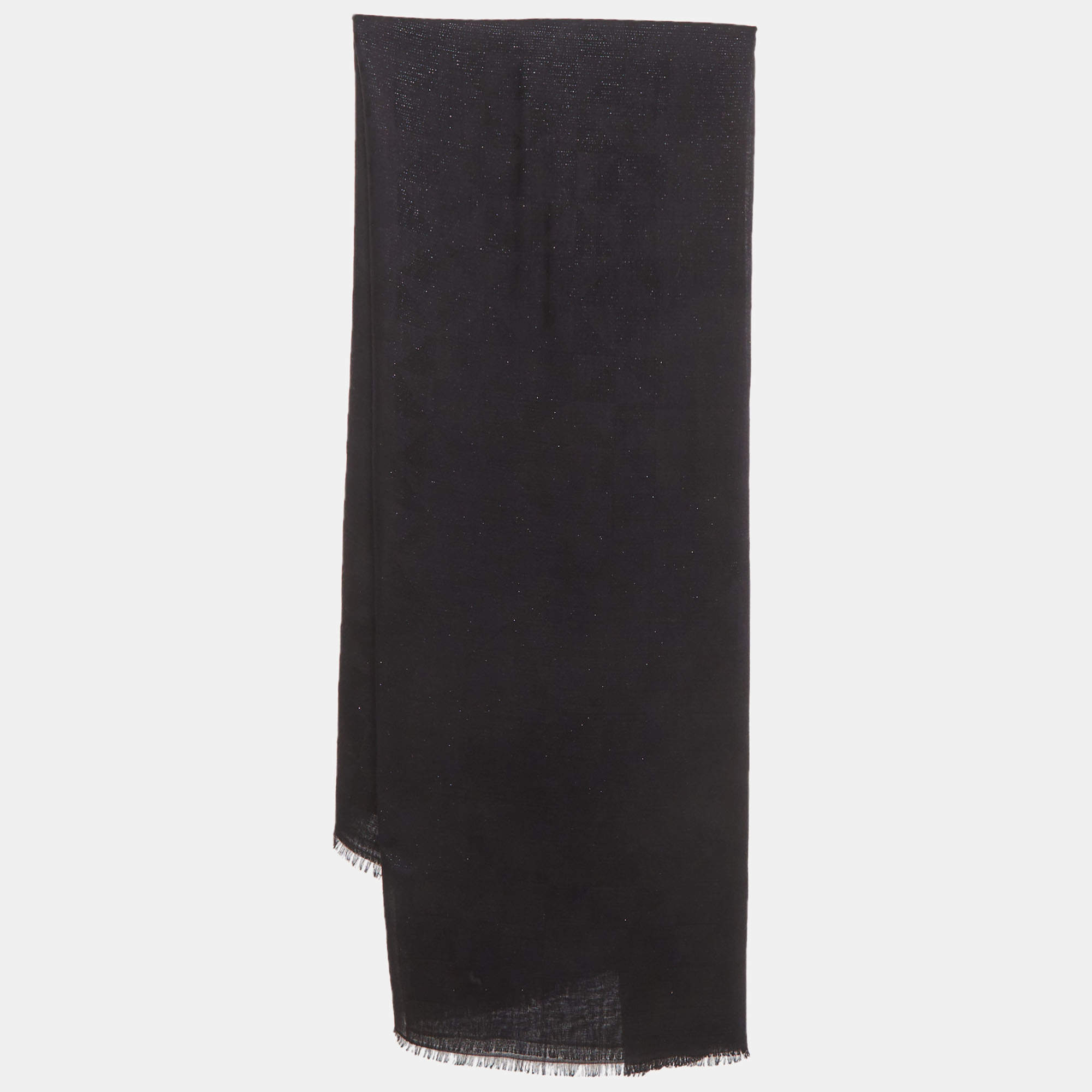 Pre Owned Prada Black Logo Geometric Jacquard Knit Wool and Silk Fringe Scarf 