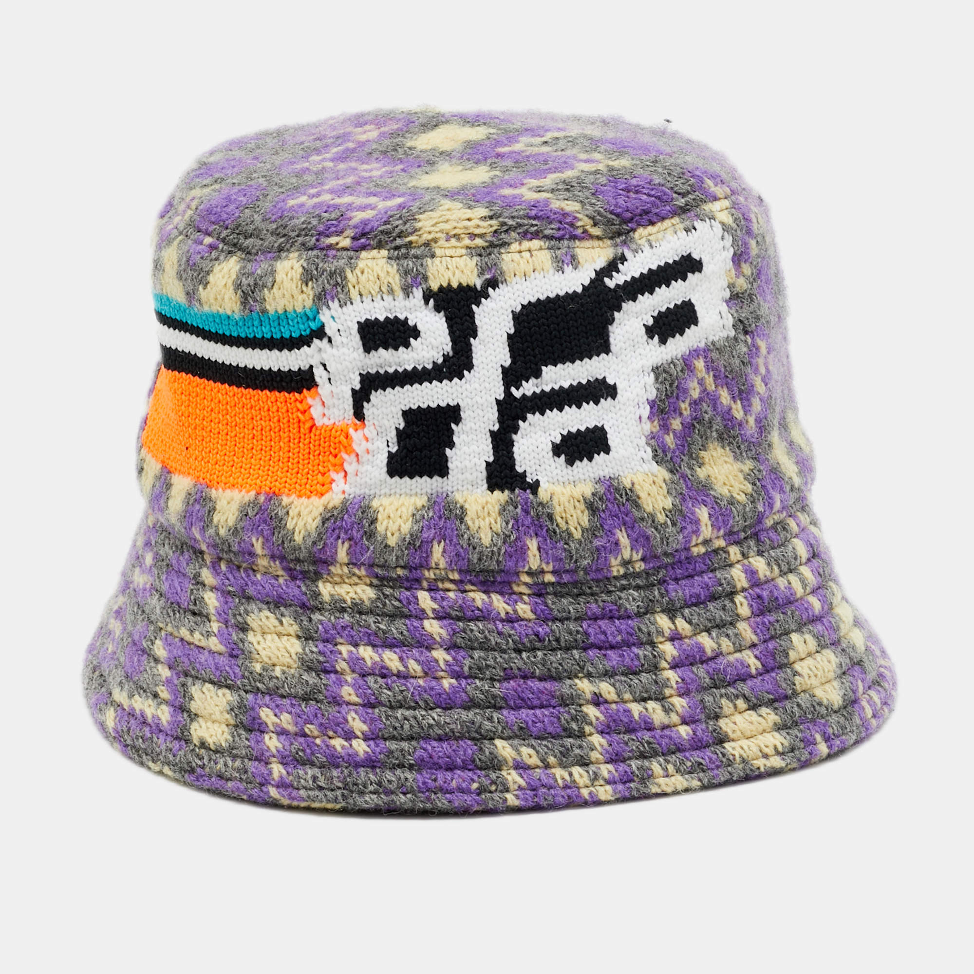 Pre Owned Prada Purple Shetland Chevron Logo Intarsia Knit Bucket Hat S