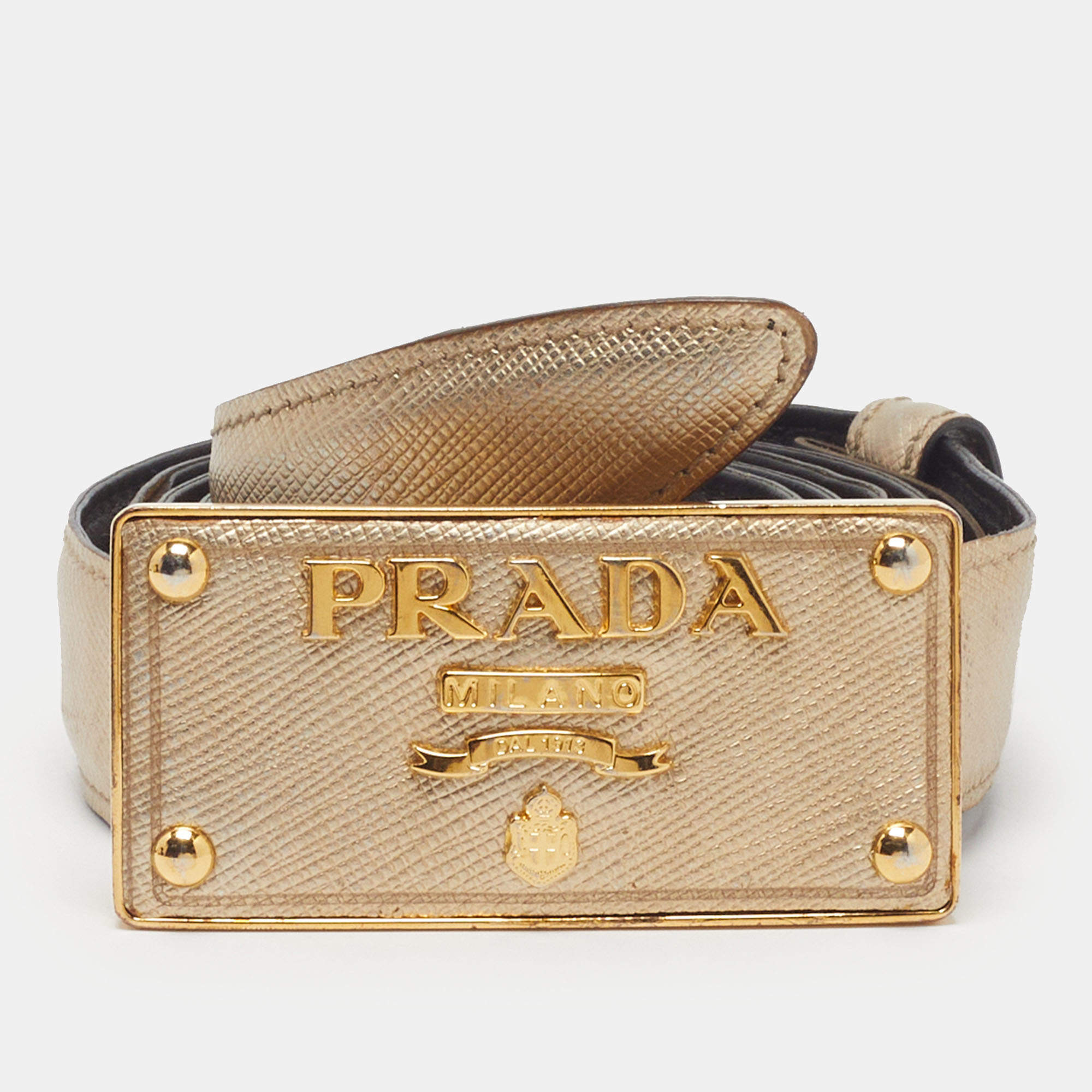 Pre Owned Prada Logo Plaque 100 CM Buckle Belt Gold Saffiano Leather