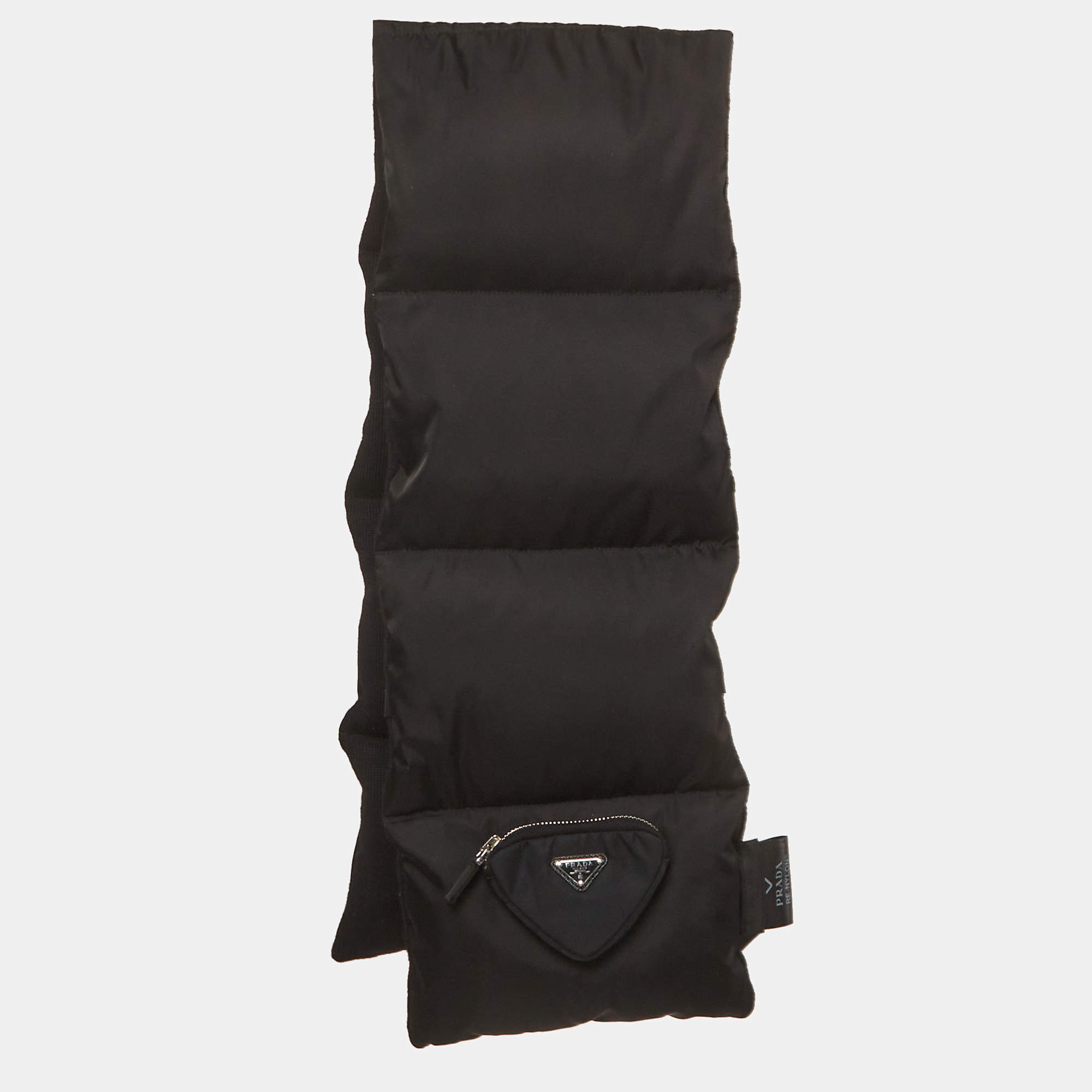 Pre Owned Prada Black Padded Re-Nylon and Wool Triangle Logo Scarf 