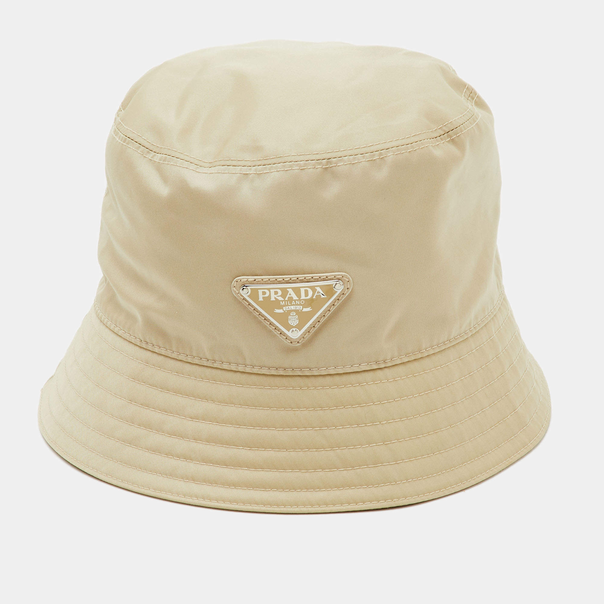Pre Owned Prada Beige Re-Nylon Triangle Logo Bucket Hat S