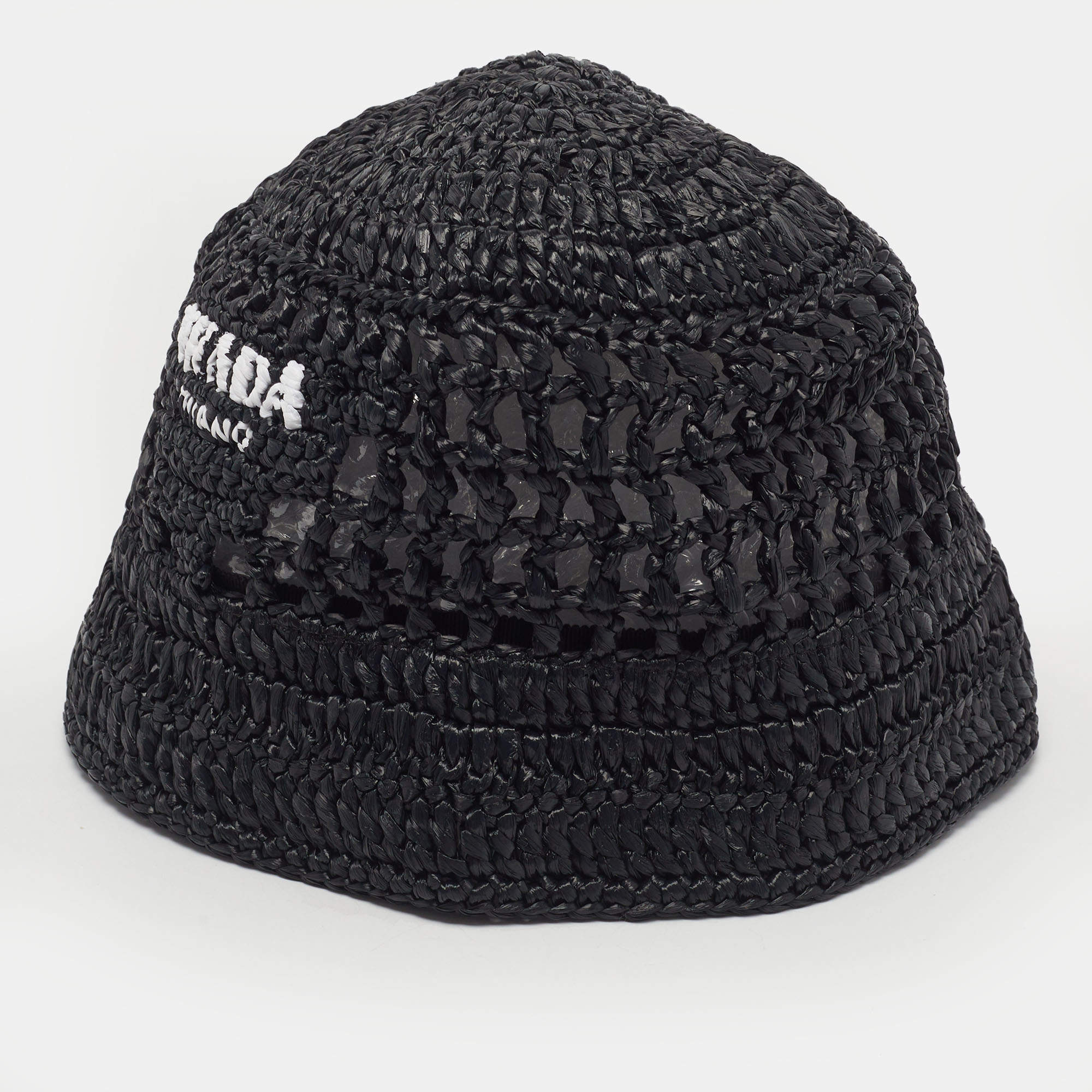 Pre Owned Prada Black Logo Crochet Raffia Bucket Hat M