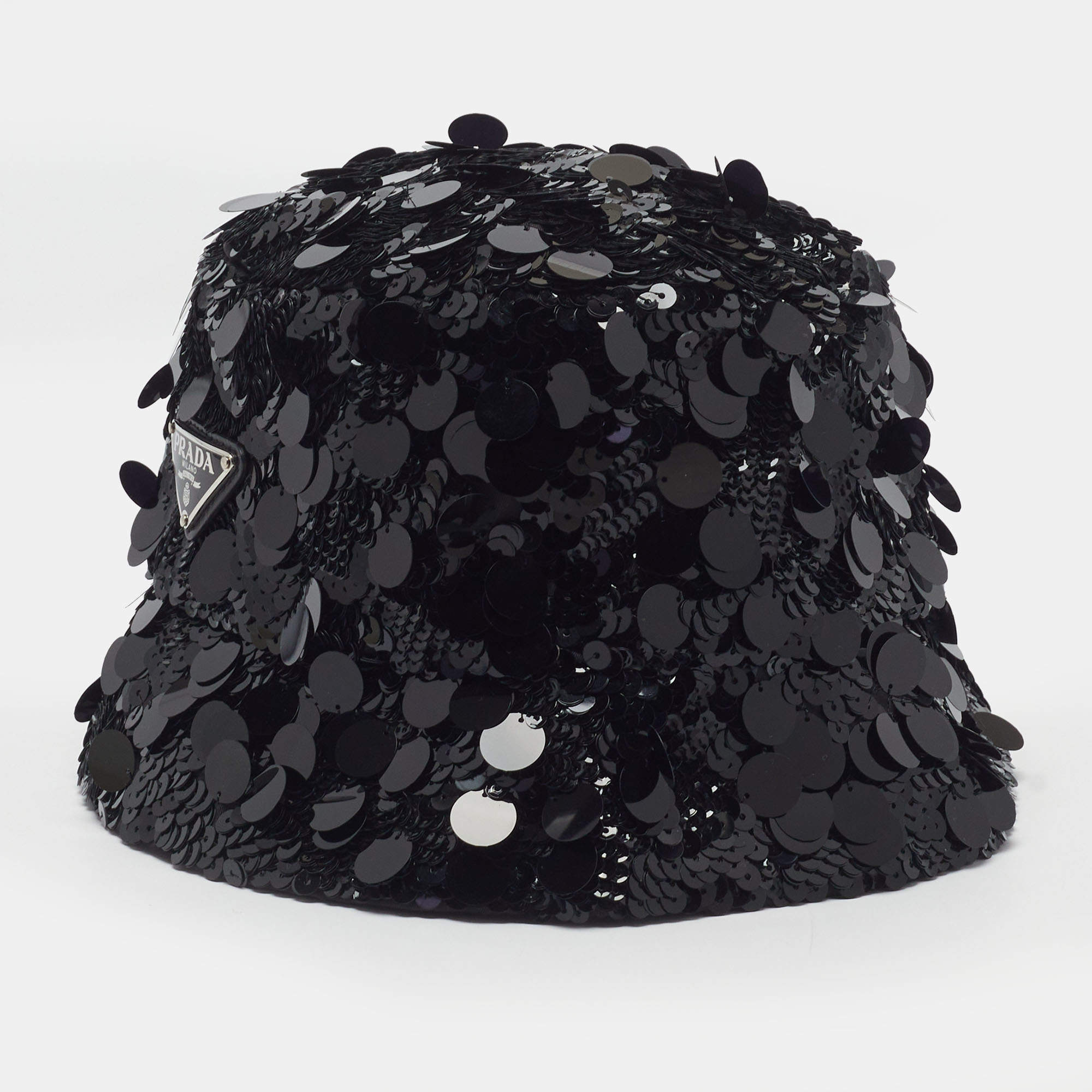 Pre Owned Prada Re-Nylon Black Triangle Logo Allover Sequin Bucket Hat M