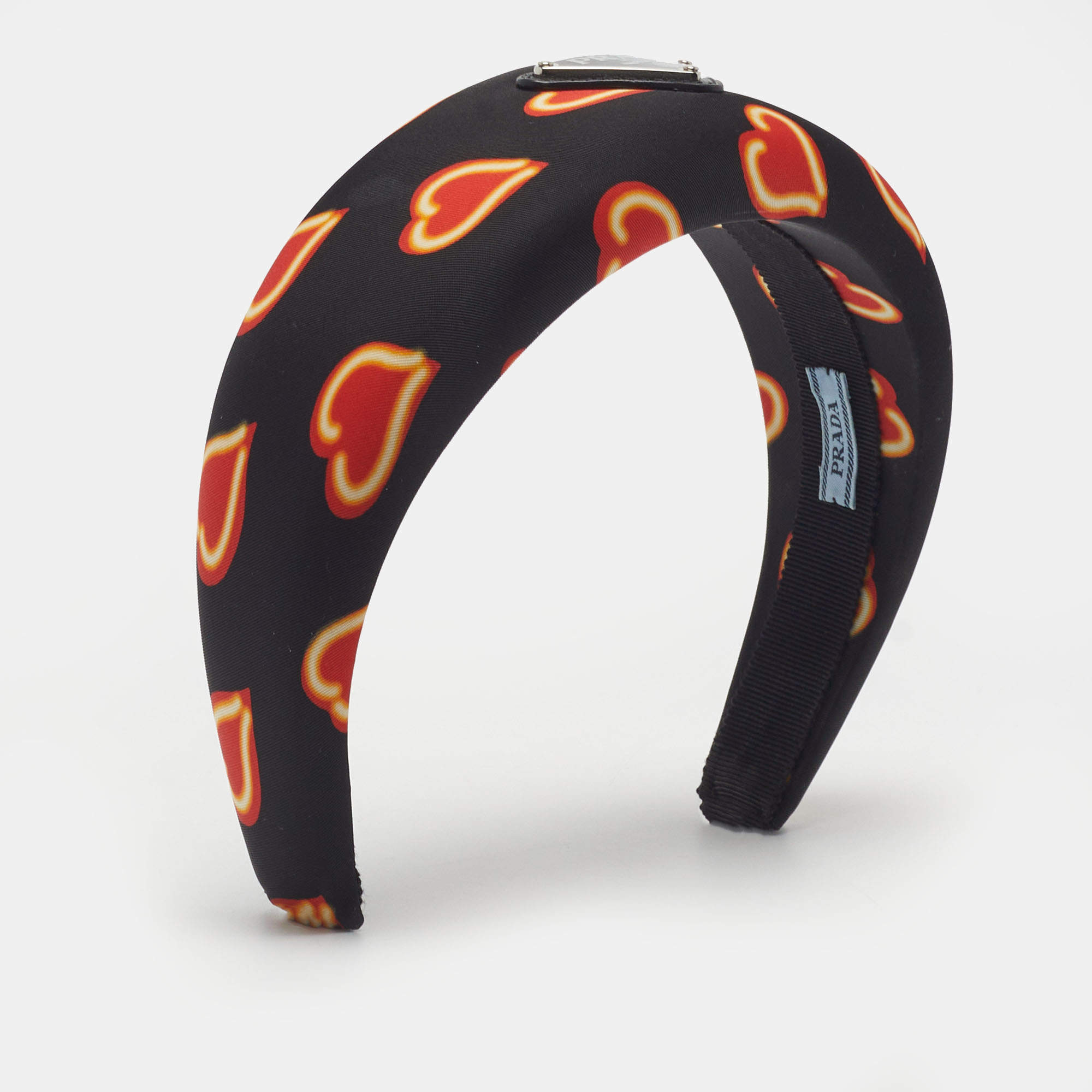 Pre Owned Prada Black Heart Print Re-Nylon Padded Headband 