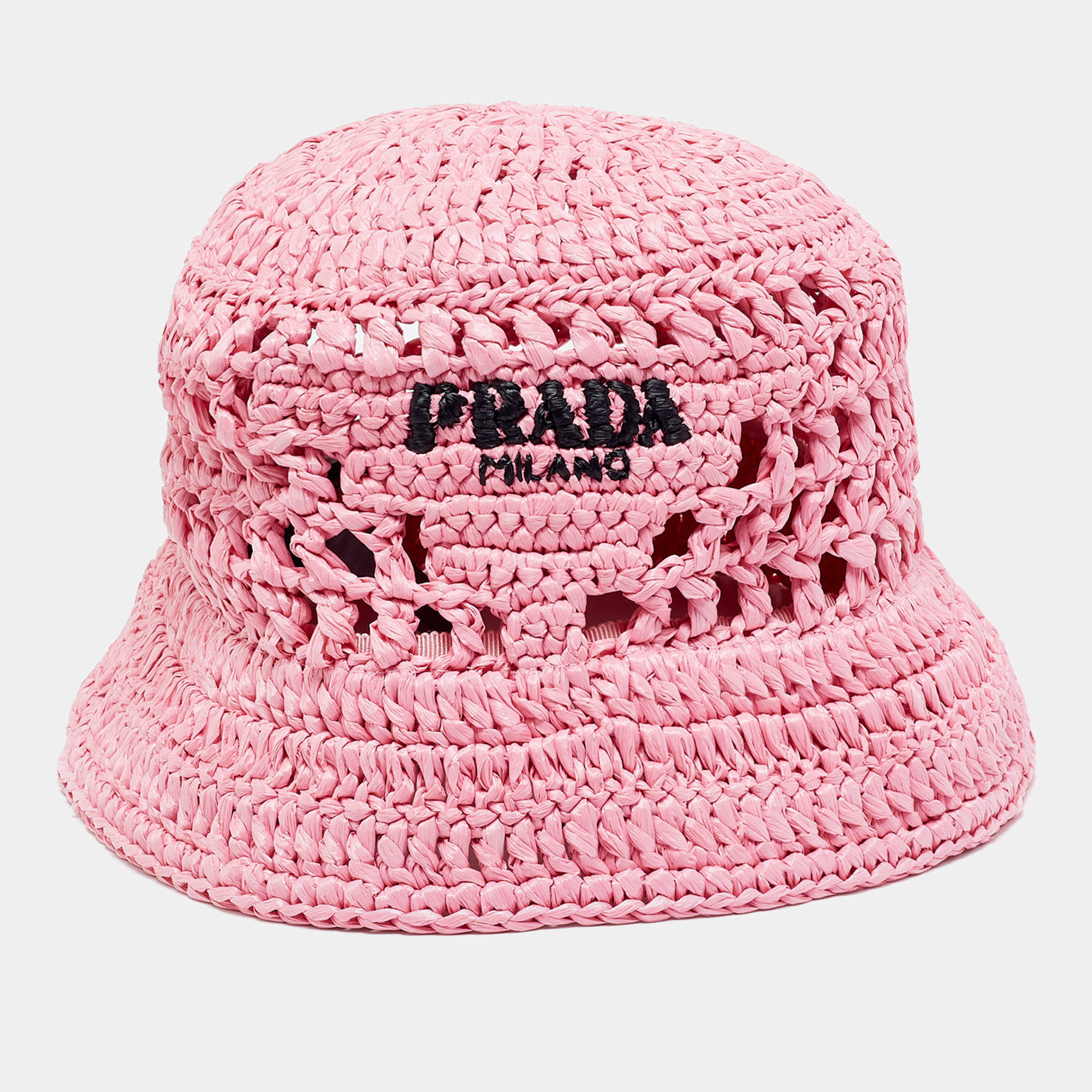 Pre Owned Prada Pink Crochet Logo Embroidered Bucket Hat M 