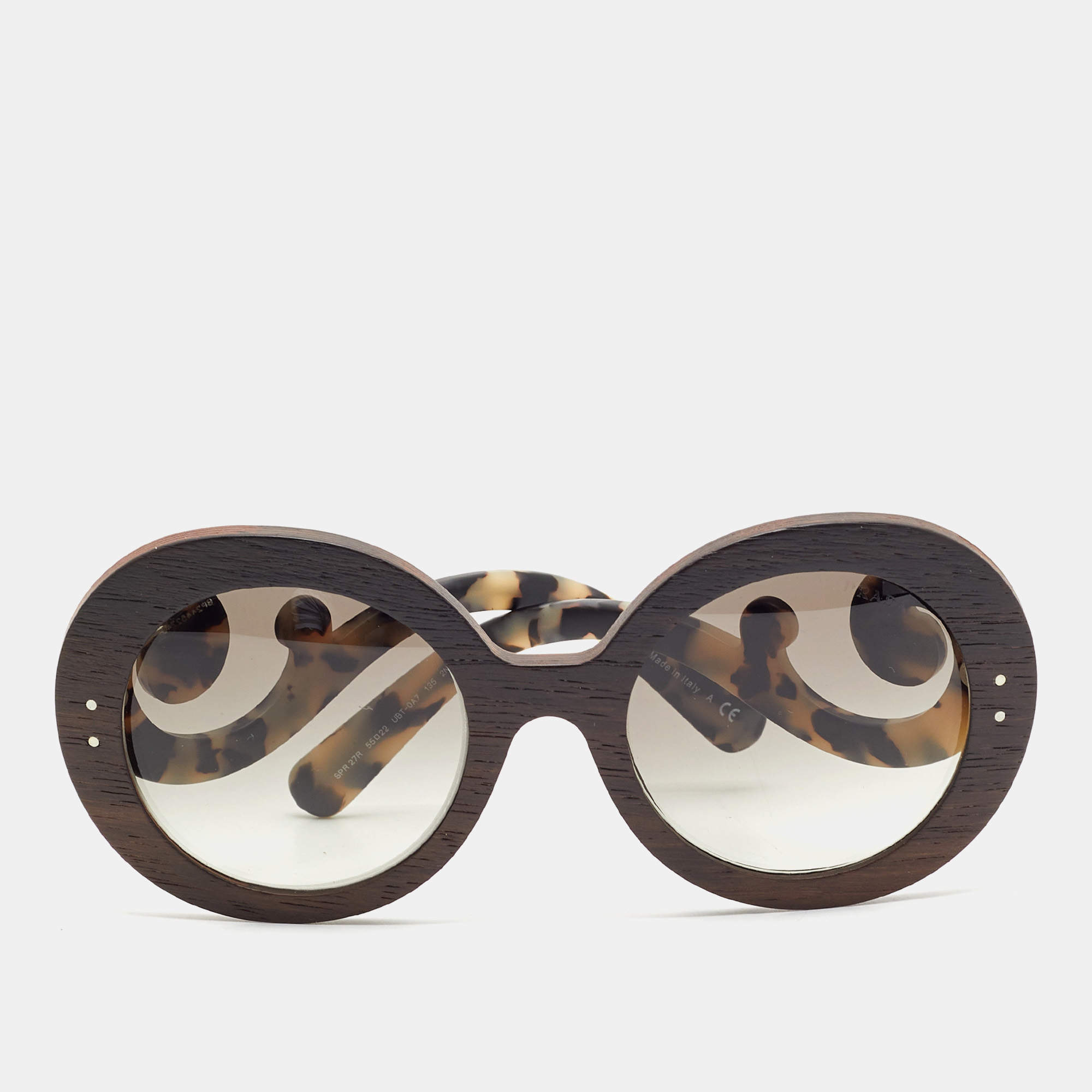 Pre Owned Prada Tortoise Brown Gradient SPR 27R Wooden Baroque Round Sunglasses 