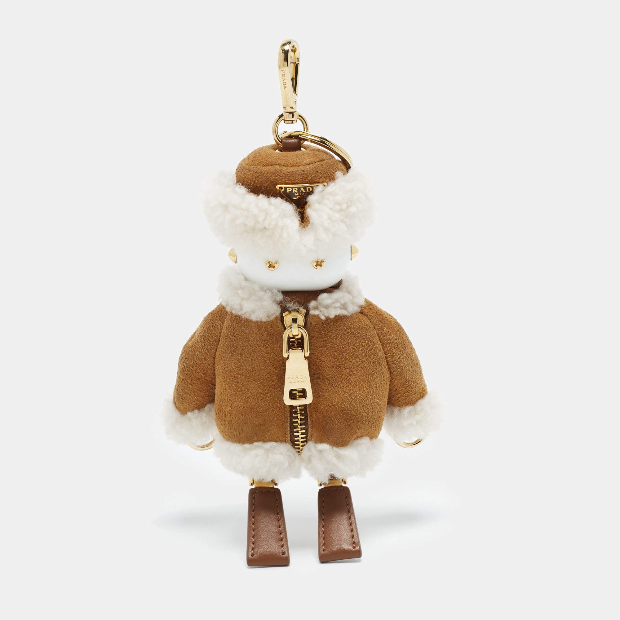 Pre Owned Prada Soft Robot Bag Charm Brown/White Suede and Shearling Fur