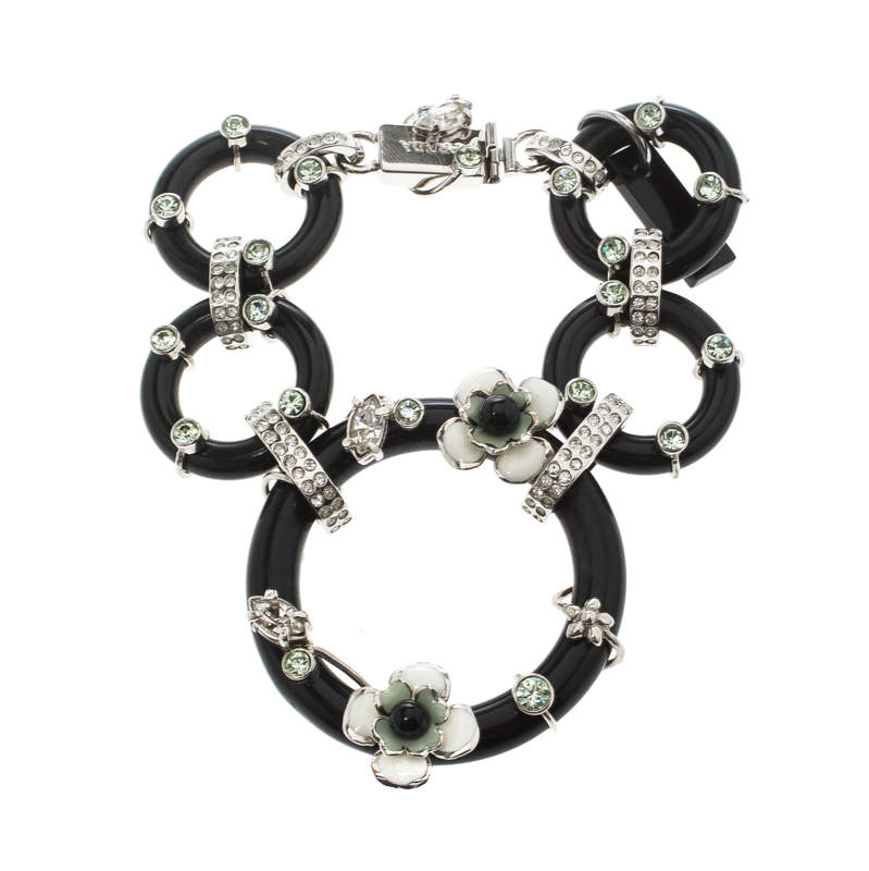 Pre Owned Prada Flower Power Black Plexiglas Crystal Floral Bedecked Link Bracelet