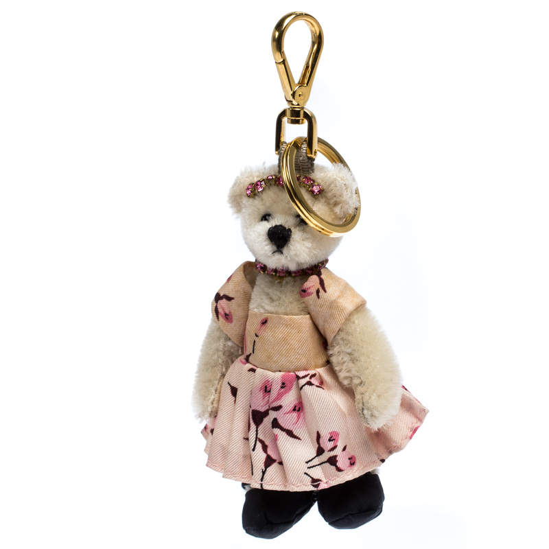 Prada White/Pink Fur and Fabric Mary Rose Bag Charm 