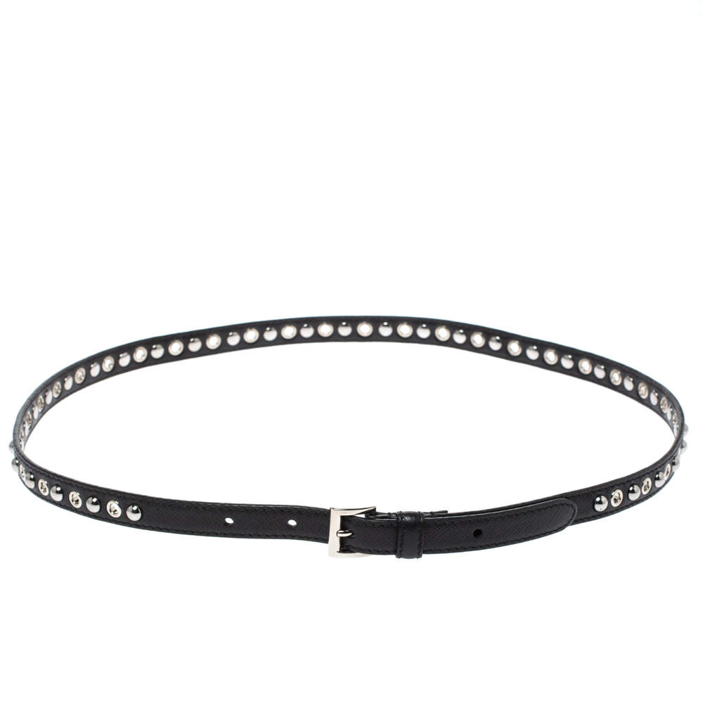 Prada Black Saffiano Lux Leather Studded Slim Belt 85CM
