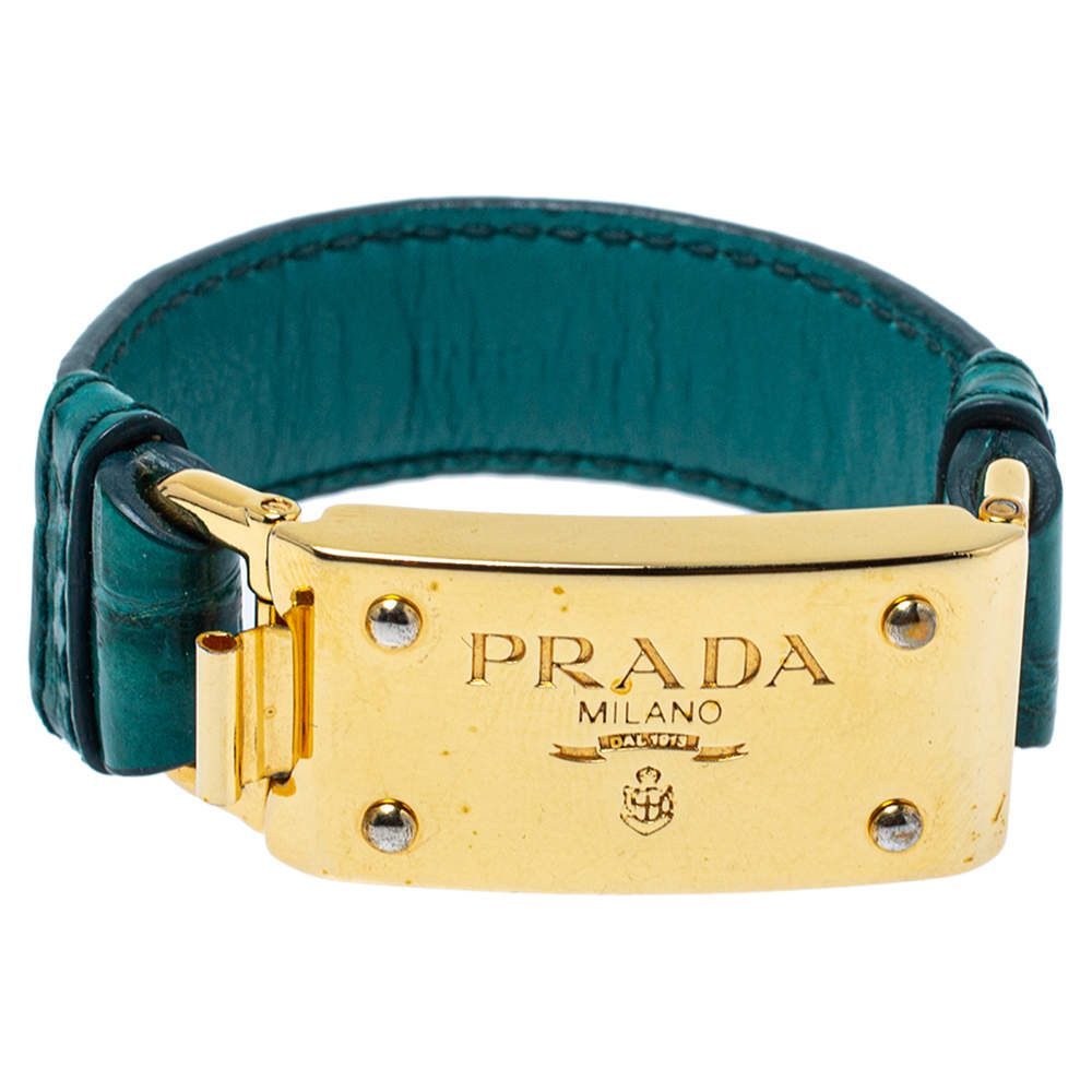 Prada Green Crocodile Leather Gold Tone Bracelet 