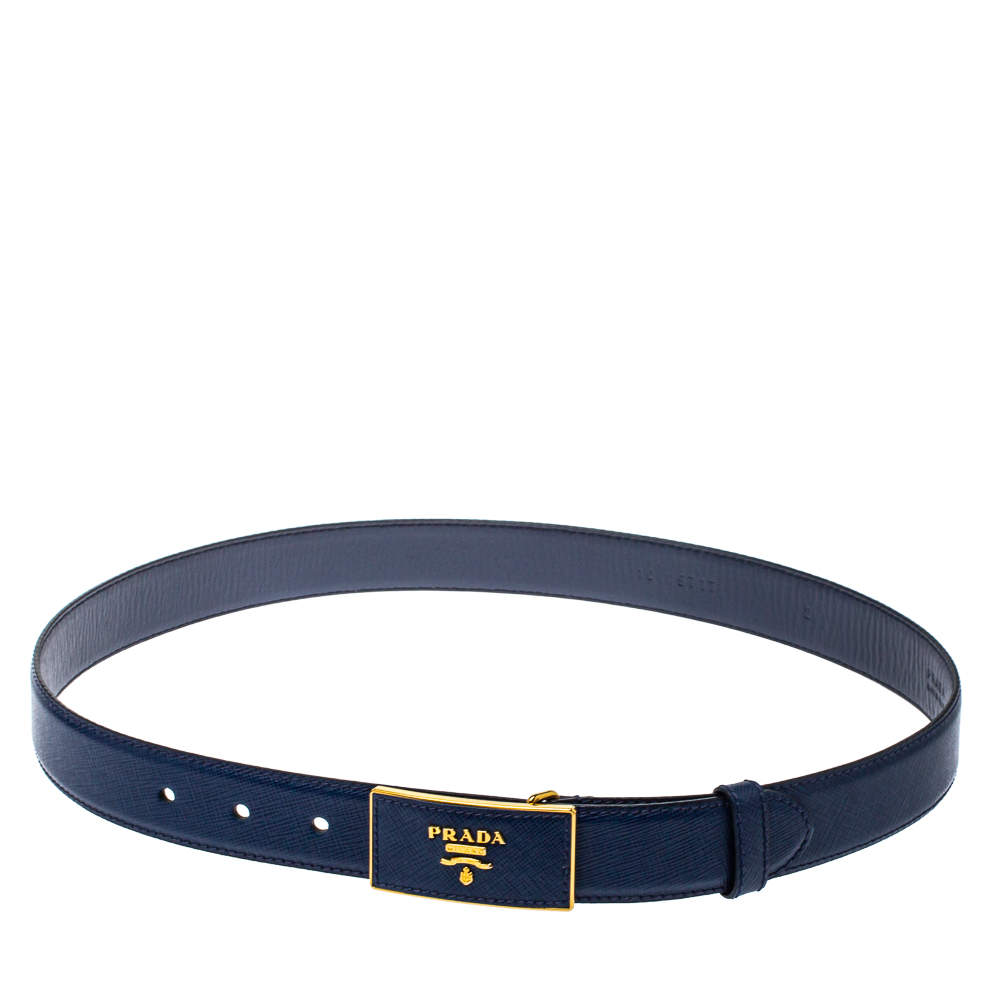 Pre Owned Prada Blue Saffiano Leather Buckle Belt 80CM