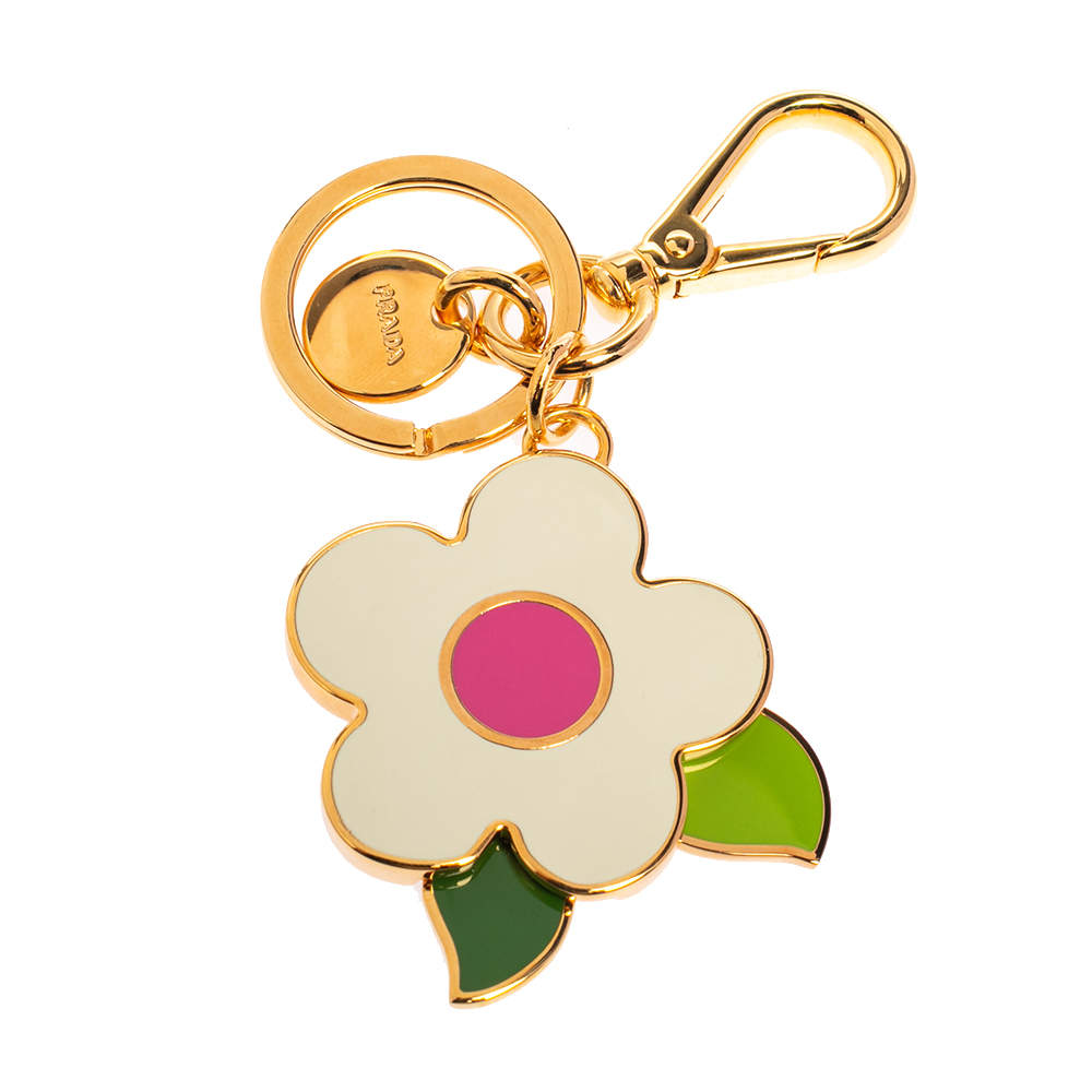 Pre Owned Prada Multicolor Flower Enamel Gold Tone Keychain/ Bag Charm