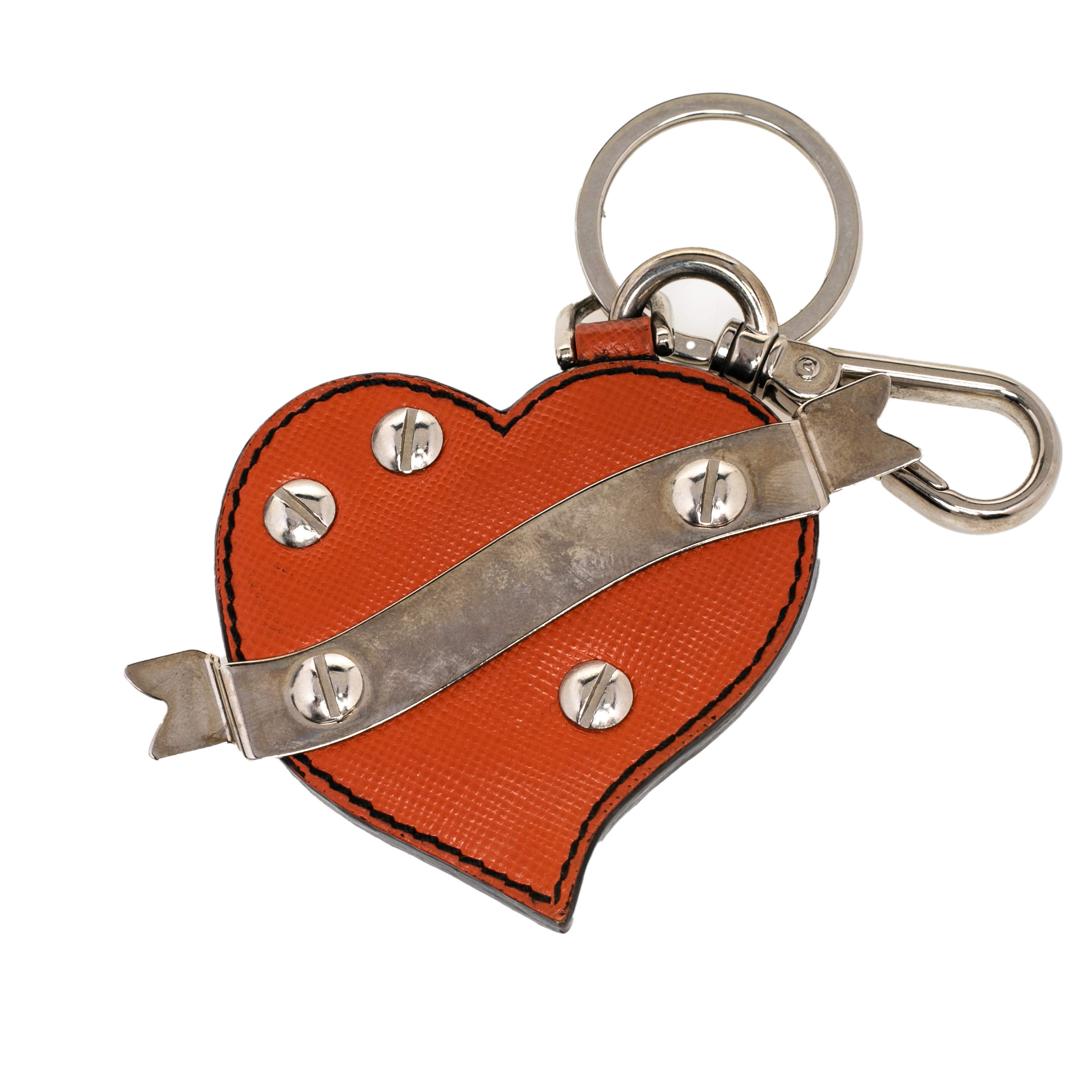 Pre Owned Prada Orange Saffiano Lux Leather Heart Key Chain and Bag Charm
