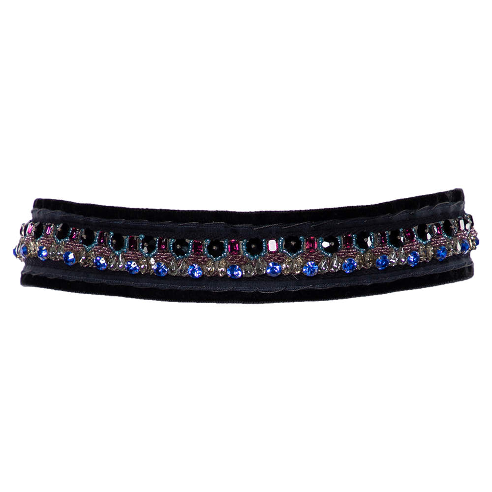 Pre Owned Prada Navy Blue Crystal Embellished Velvet Waist Belt (One Size)
