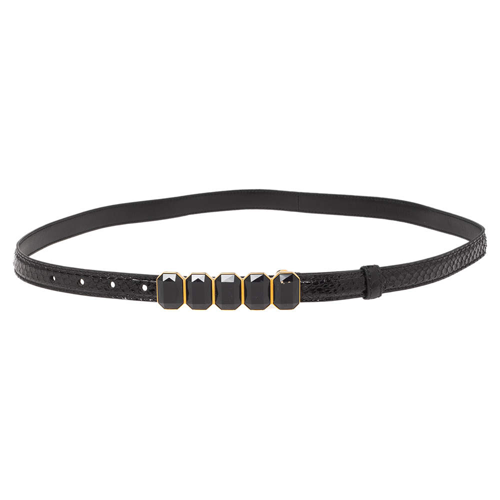 Pre Owned Prada Black Python Jewel Embellished Buckle Narrow Belt 95CM
