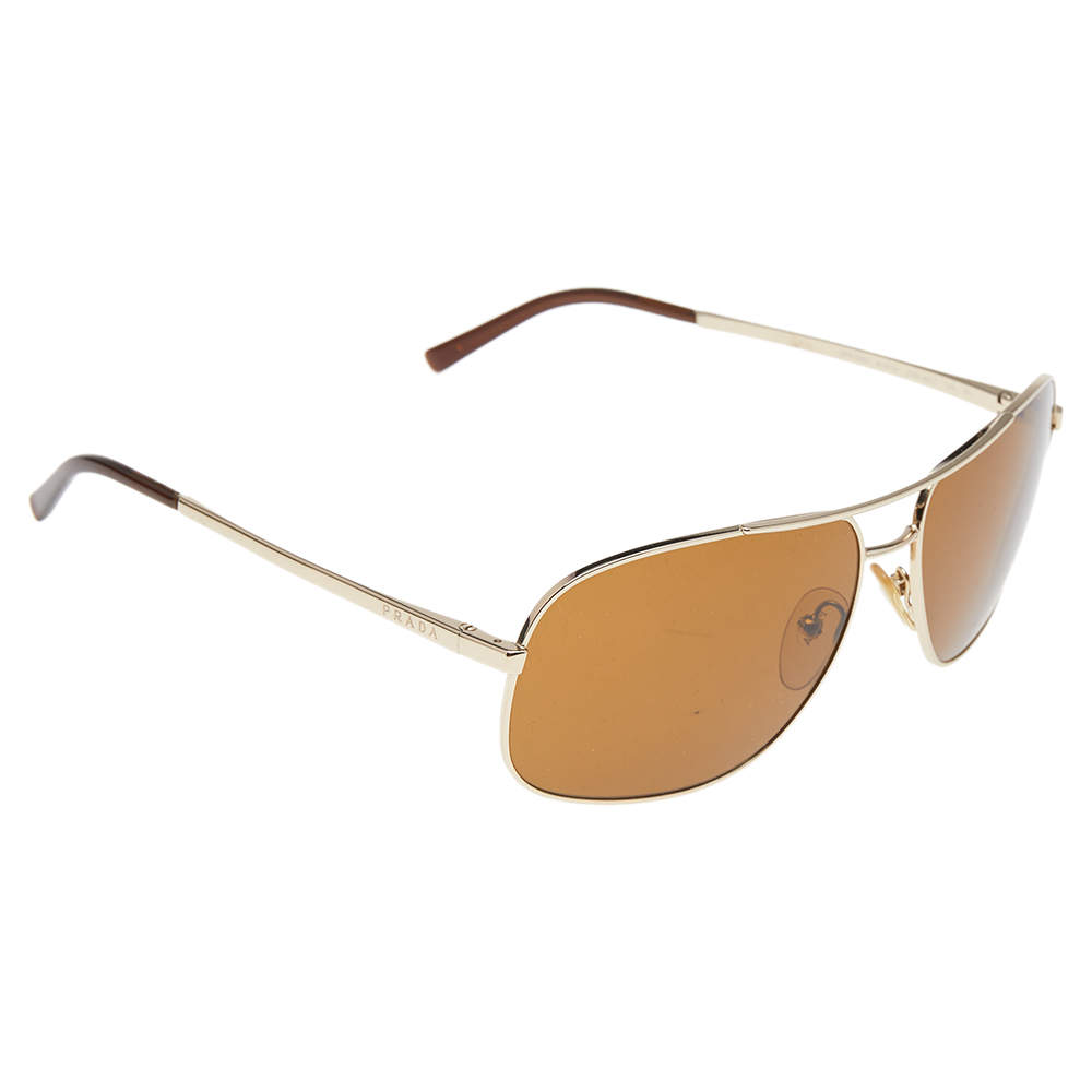 Pre Owned Prada Gold Tone/ Brown SPR53M Aviator Sunglasses