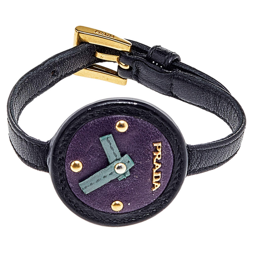 Pre Owned Prada Black & Purple Leather Watch Bracelet 
